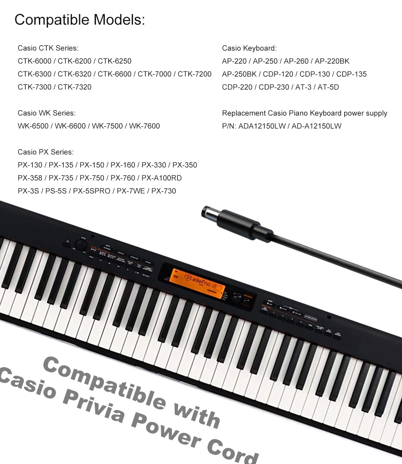 12V Ac Dc Adapter For Casio Privia Power Cord, Compatible With Casio Privia Digital Piano Keyboard Ad A12150Lw/ Ad A1215Lw Px, W