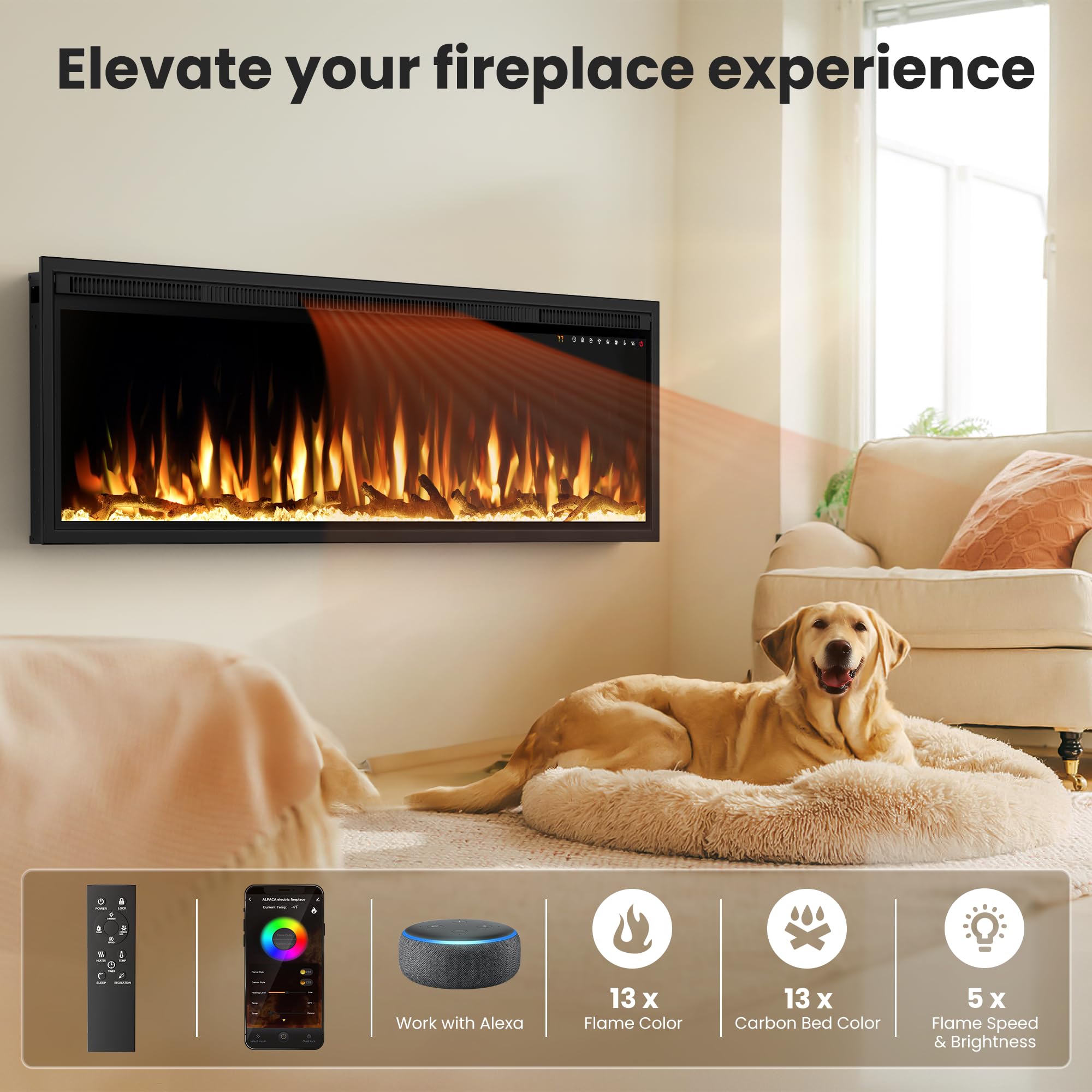 Smart 60'' Wifi Enabled Electric Fireplace Heater, Recessed In Wall And Wall Mounted Linear Fireplace,Compatible With Alexa,13 A