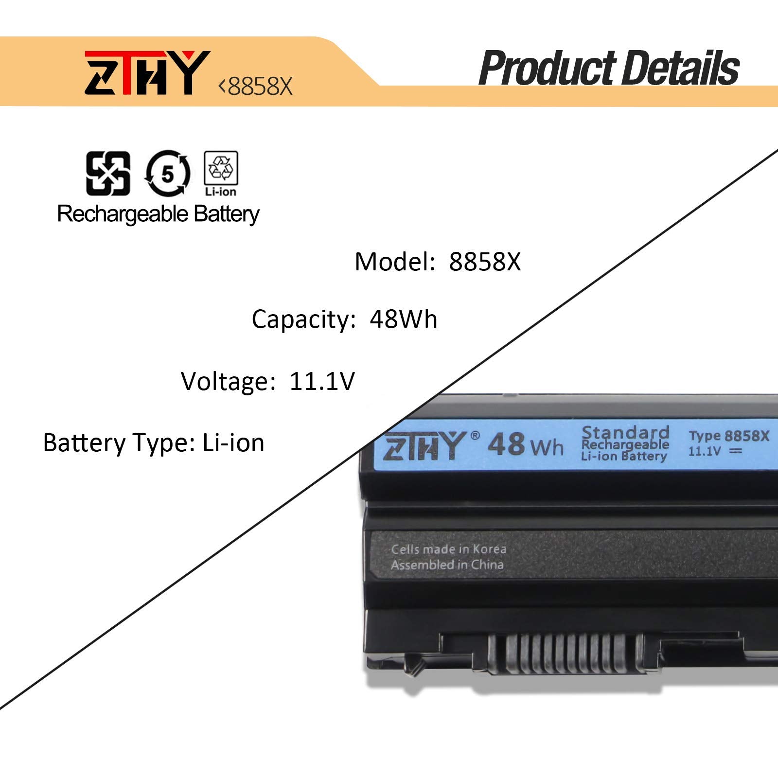 Zthy 48Wh 8858X Laptop Battery Replacement For Dell Inspiron 14R 5420 15R 5520 7520 17R 5720 7720 4420 4520 4720 7420 Latitude E5420 E5520 E5530 E6420 E6430 E6520 Vostro 3460 3560 T54Fj 11.1V 6 Cell