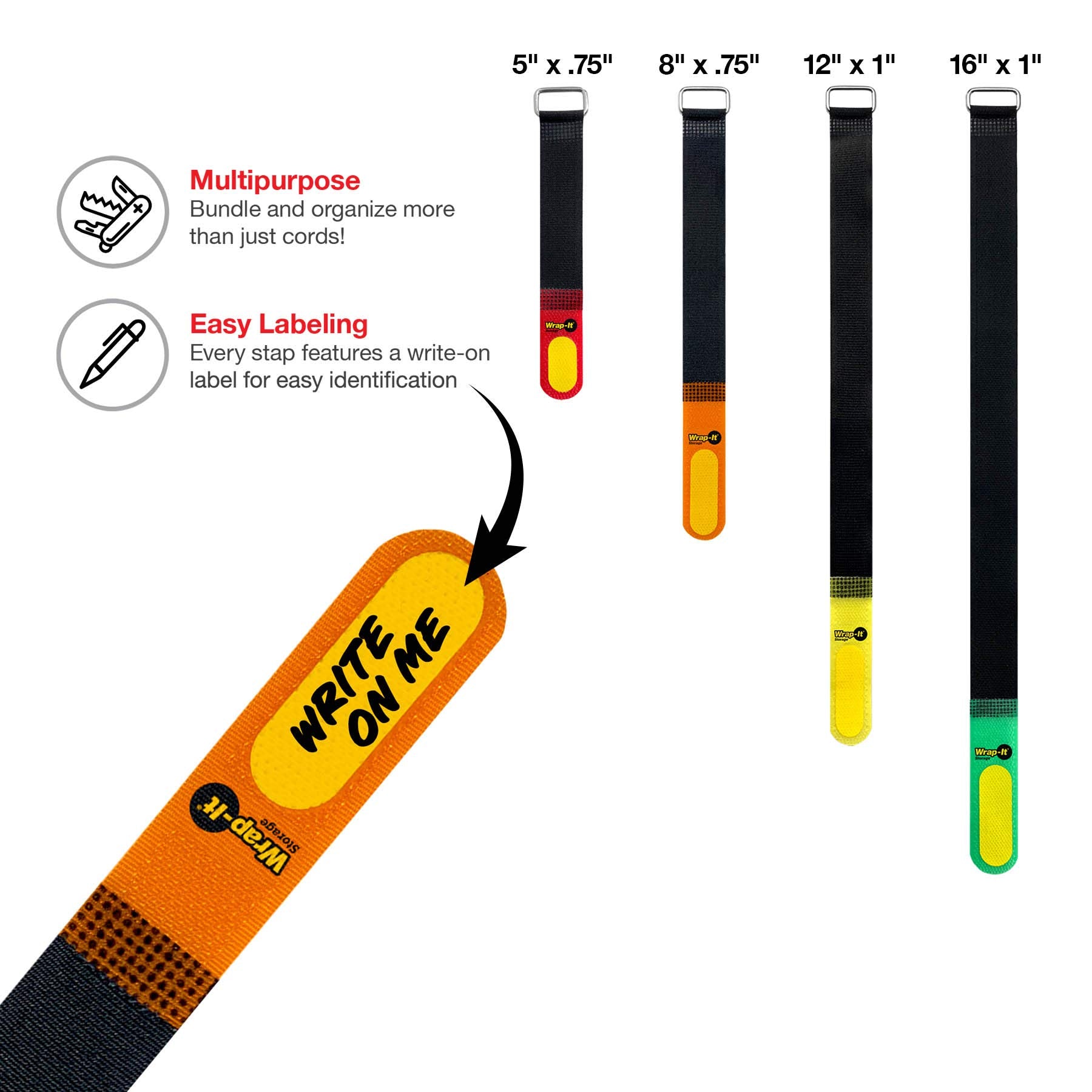 Wrap-It Storage Hook and Loop Cinch Straps with Write-on Label - Assorted 16 Pack Nylon Multi/Black