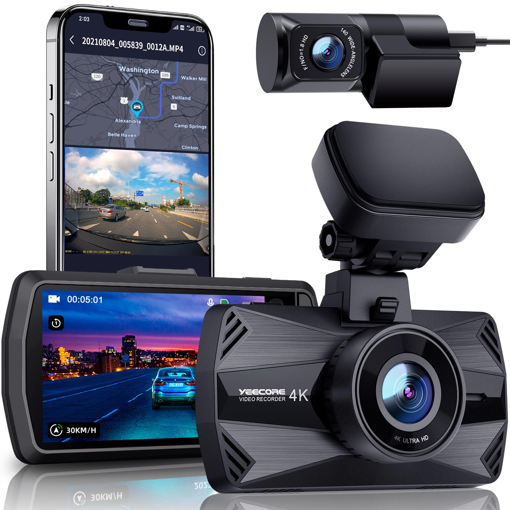Yeecore 4K Dual Dash Cam 5G Wifi Gps, Real 4K+Hdr 1080P Dash Cam Front And Rear, 3 Lcd Super Night Vision, Parking Mode, Dash Ca
