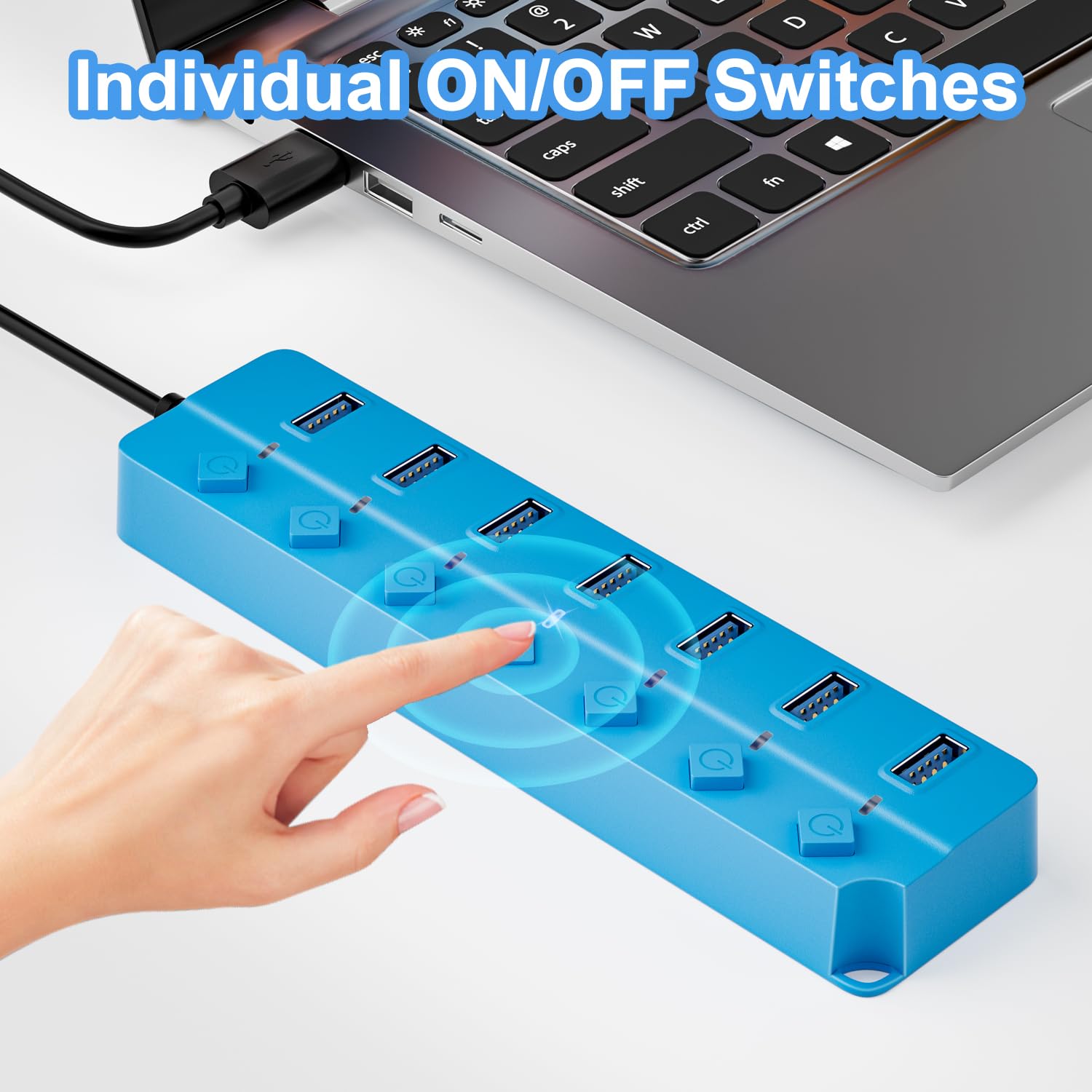 Onfinio Usb Hub 3.0, 7 Port Usb Hub Splitter With Individual On/Off Switches And Lights, 3.2Ft/1M Long Cable Compatible With Macbook, Laptop, Surface Pro, Ps4, Pc, Flash Drive, Mobile Hdd Blue