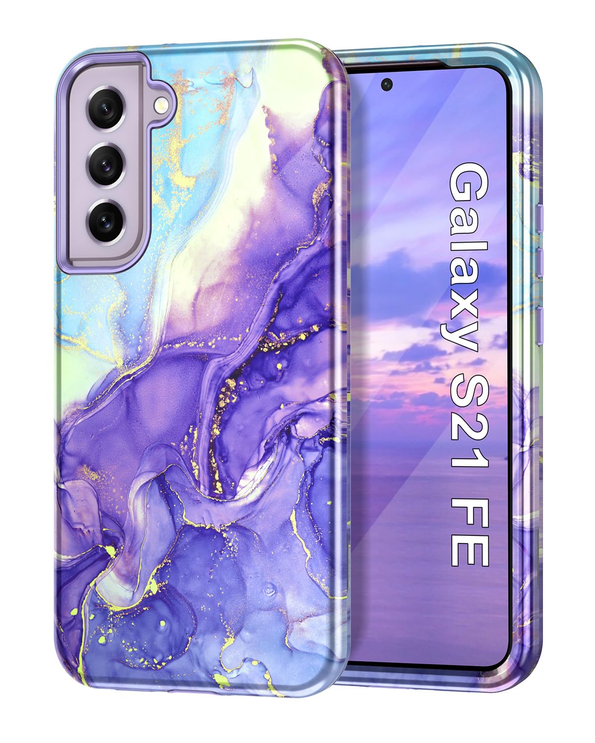 Btscase for Samsung S21 FE 5G 2022 Case, Marble Pattern 3 in 1 Heavy Duty Shockproof Full Body Rugged Hard PC+Soft Silicone Drop