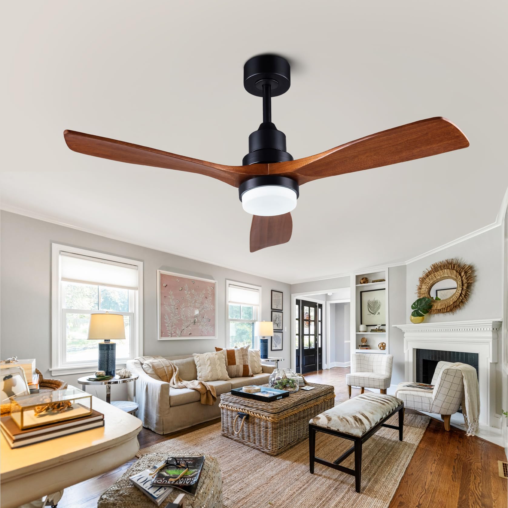 Dearnow 48'' Wooden Ceiling Fans With Lighted Remote Control, Indoor Outdoor Wooden Ceiling Fan, Outdoor Modern Ceiling Fan With