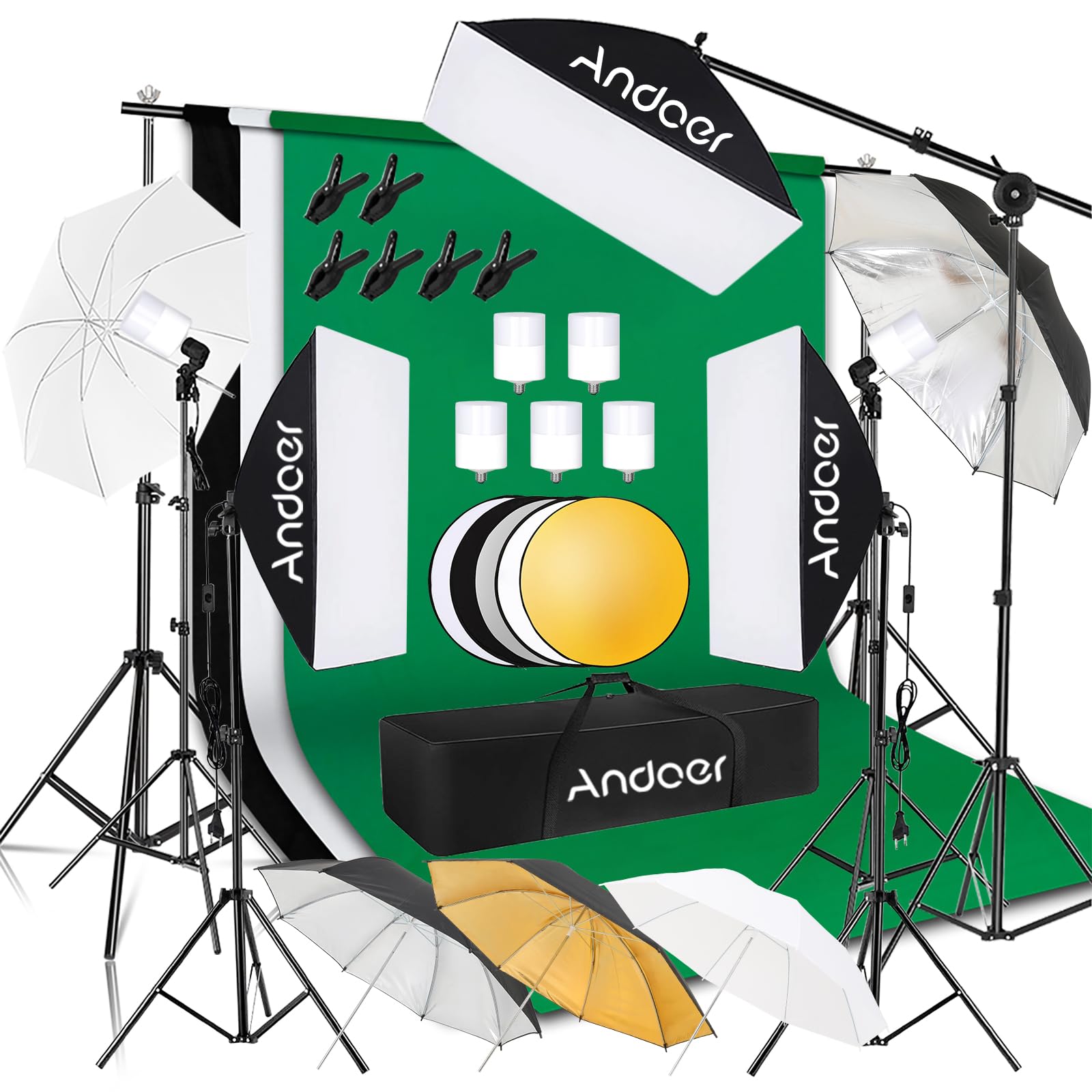Andoer Professional Softbox Photography Studio Lighting Kit With 3 Color Backdrops, 6.5*10Ft Backdrop Stands, Photography Umbrel