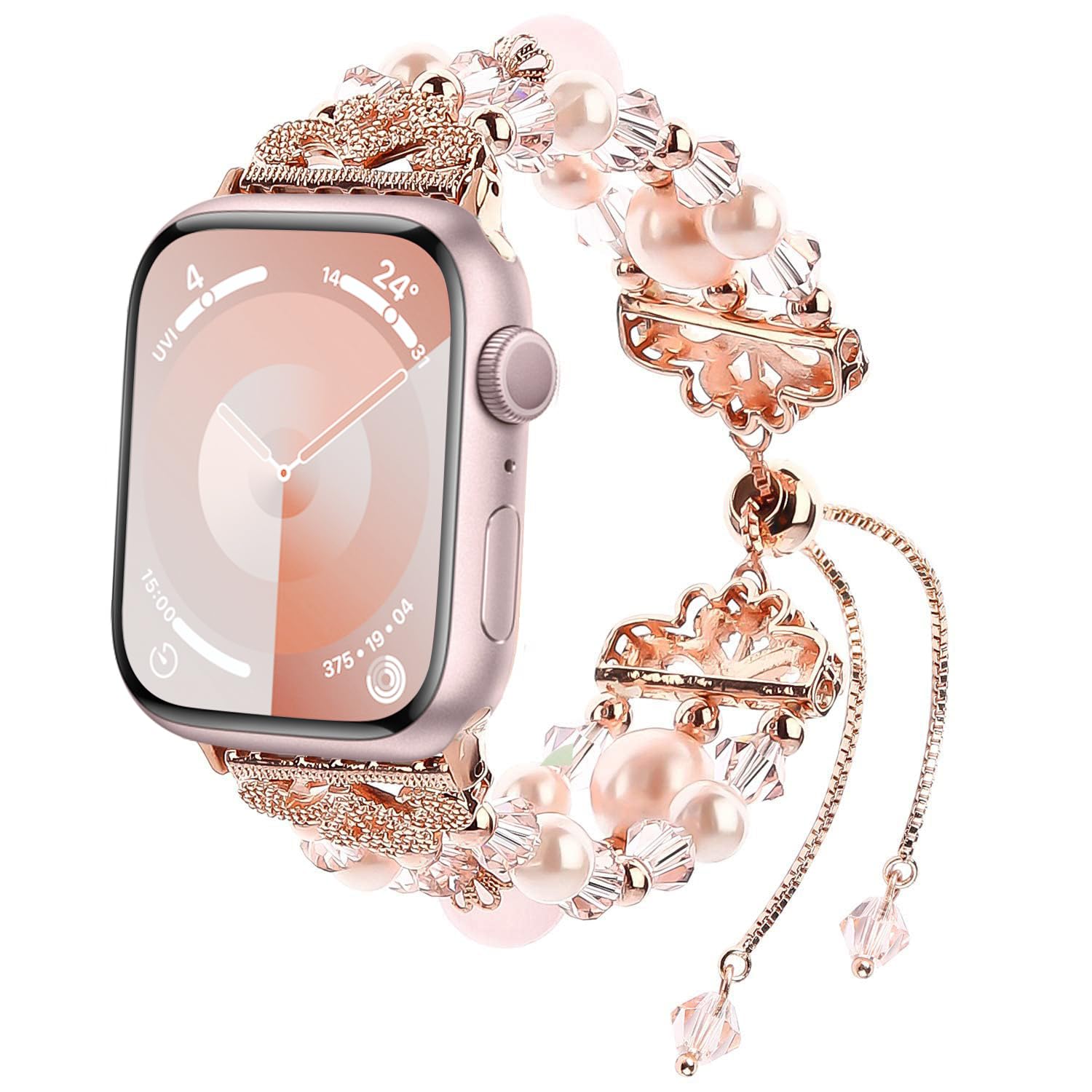 Fohuas Compatible Apple Watch Bracelet Band Beaded 42Mm 44Mm 45Mm 49Mm, Crystal Pearl Iwatch Band,Women Girl Adjustable Jewelry