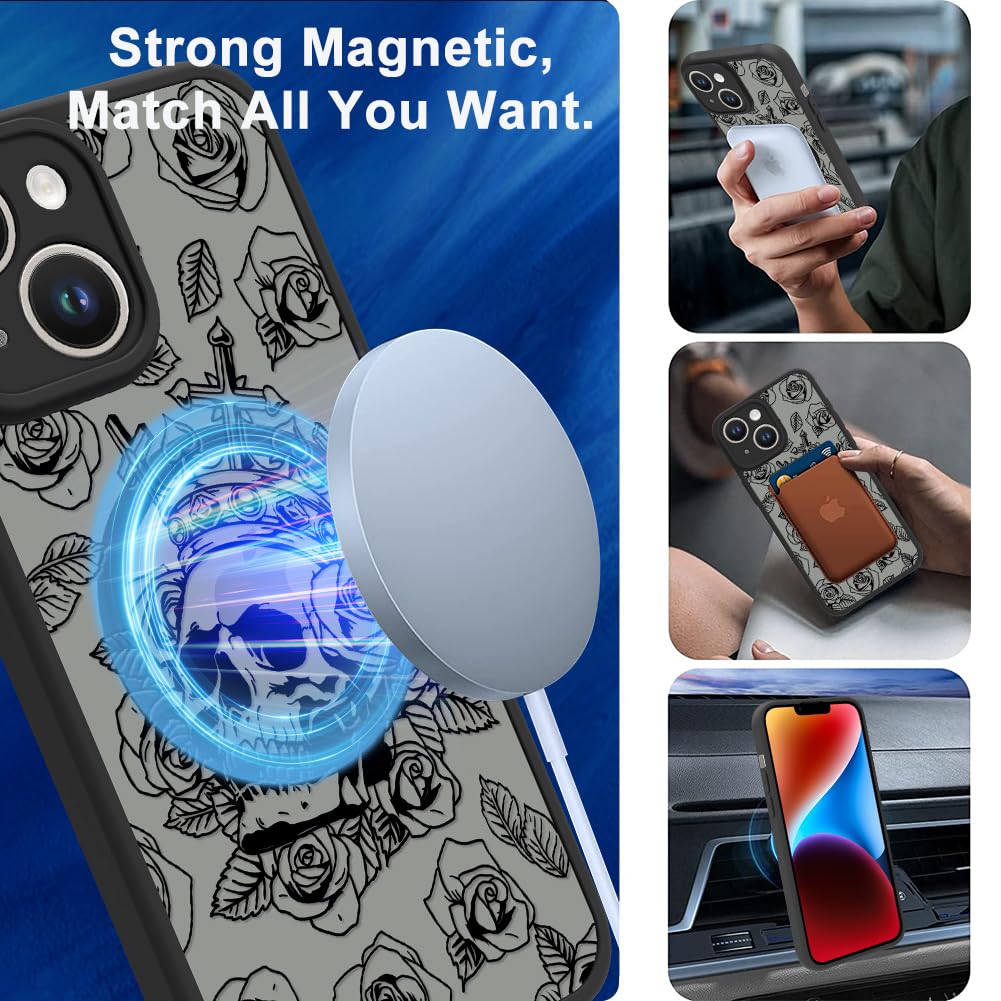 Ook Magnetic For Iphone 14 Case Black Skull Flower [Compatible With Magsafe] Slim Translucent Matte Camera Lens Protection Case