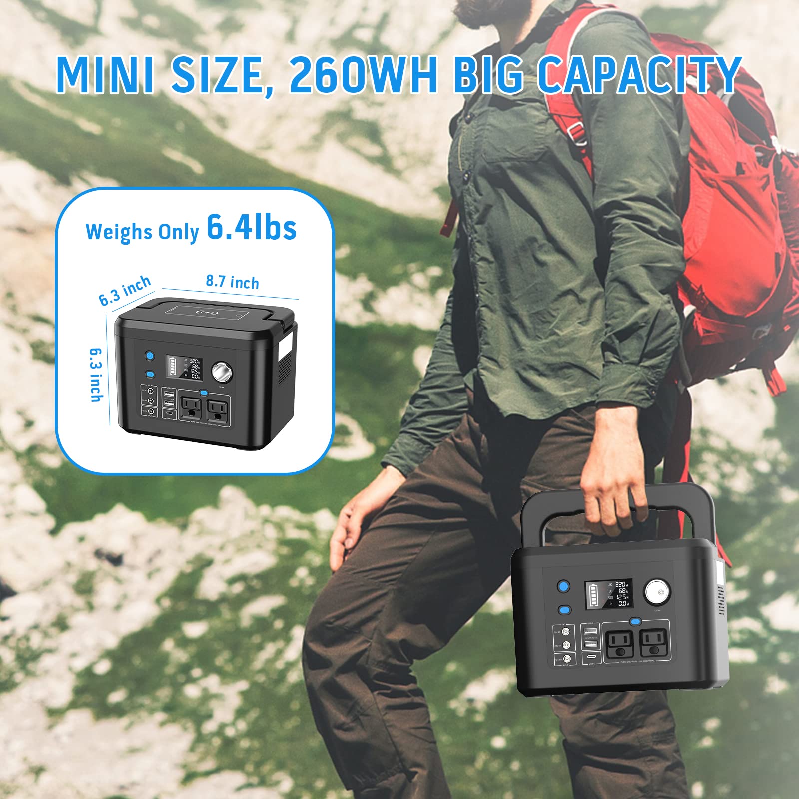 Portable Power Station 350W, Powkey 260Wh/70,000Mah Backup Lithium Battery, 110V Pure Sine Wave Power Bank With 2 Ac Outlets, Po