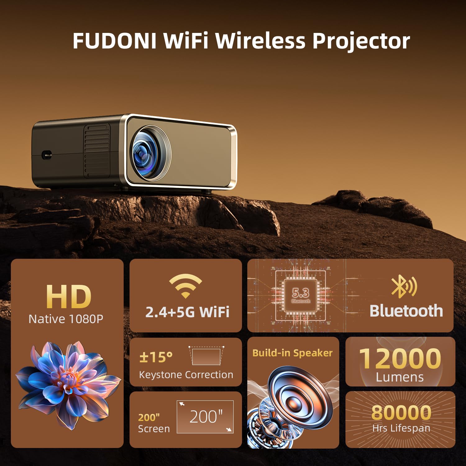 Fudoni Projector With Wifi And Bluetooth, Upgraded 5G Portable Projectors 4K Supported Native 1080P 12000L, Outdoor Led Movie Pr