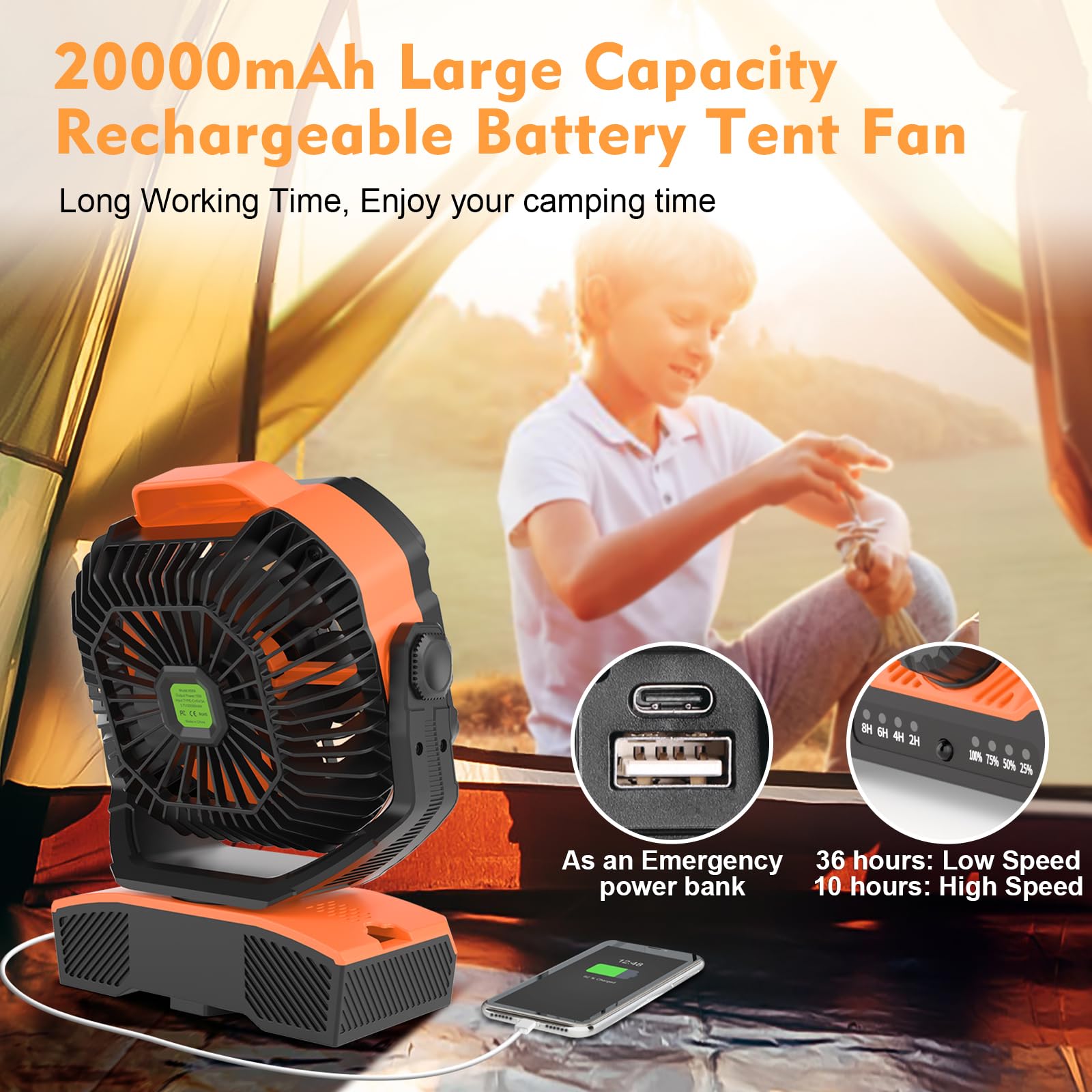 Runtop Oscillation Camping Fan With Led Lantern, 20000Mah Rechargeable Battery Operated Outdoor Tent Fan W/Hanging Hook, Remote