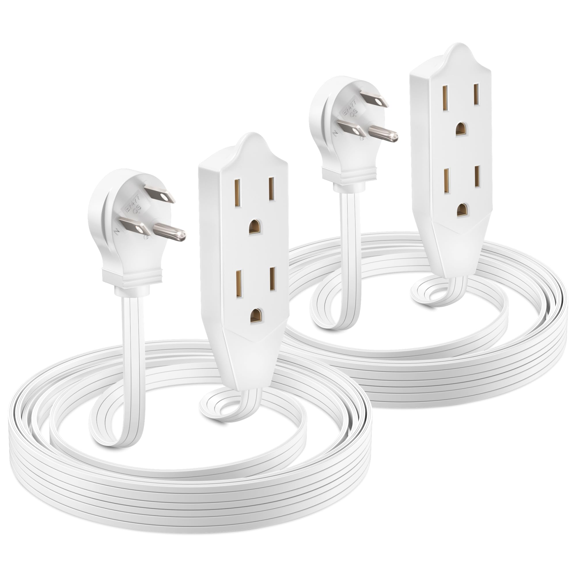 Maximm Cable 6 Feet Flat Plug Extension Cord/Wire, Multi Outlet   3 Prong Angled Plug Extension Cord   White Ul Certified (2 Pac