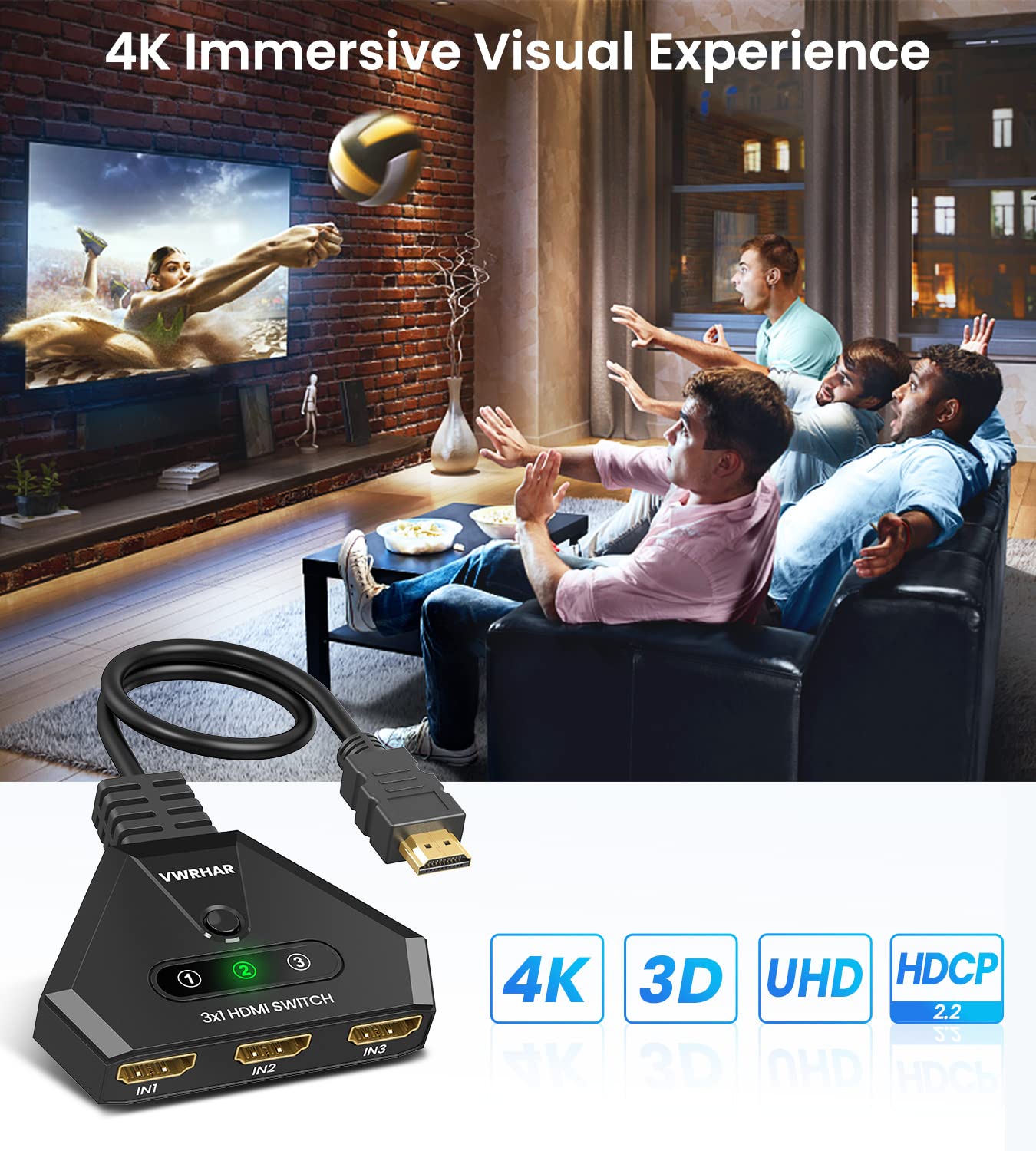 Hdmi Switch 4K Hdmi Splitter, Automatic Hdmi Switch 3 In 1 Out With Pigtail Hdmi Cable, 3 Ports Hdmi Switcher Support Hdcp 2.2 F