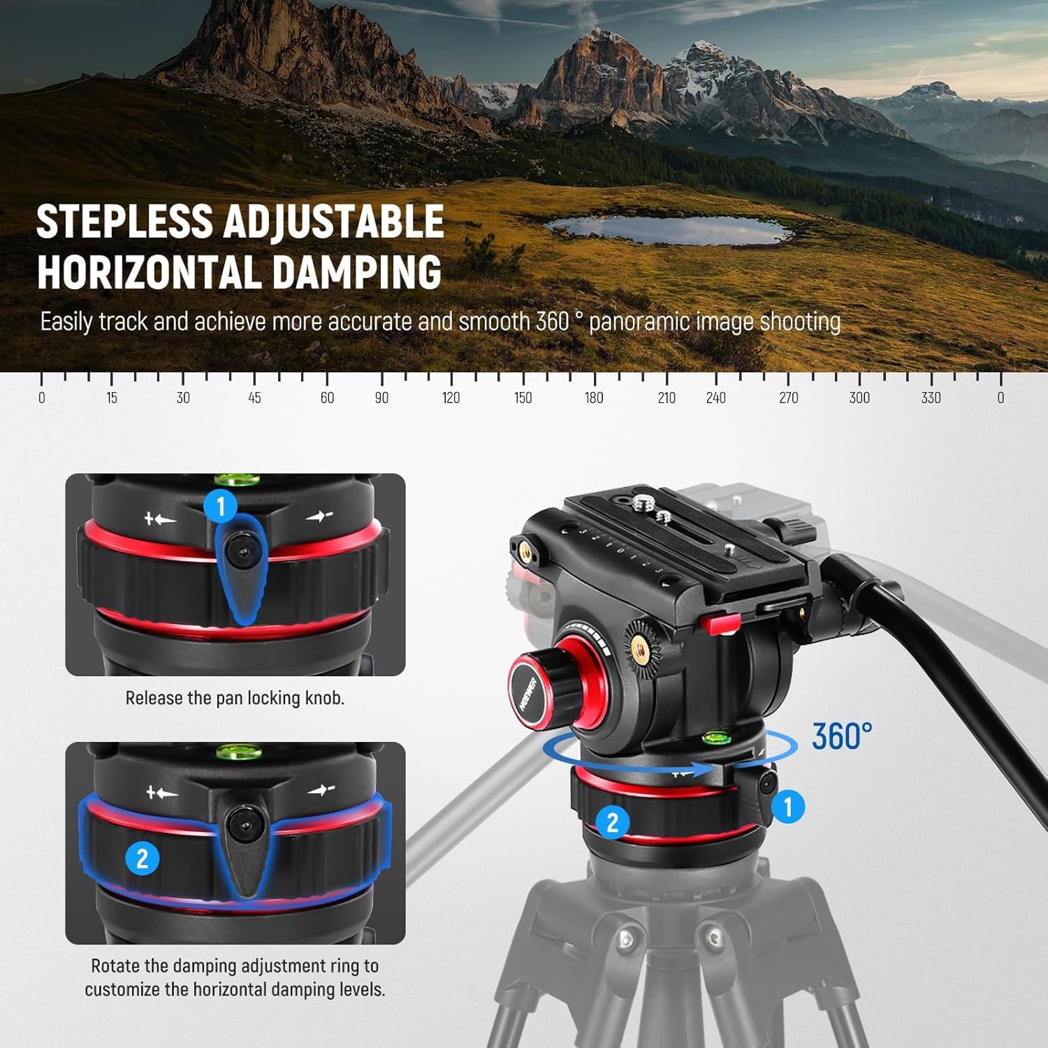 Neewer Heavy Duty Video Tripod Fluid Head With Stepless Adjustable Pan/Tilt Damping, Quick Release Plate, Compatible With Dji Rs