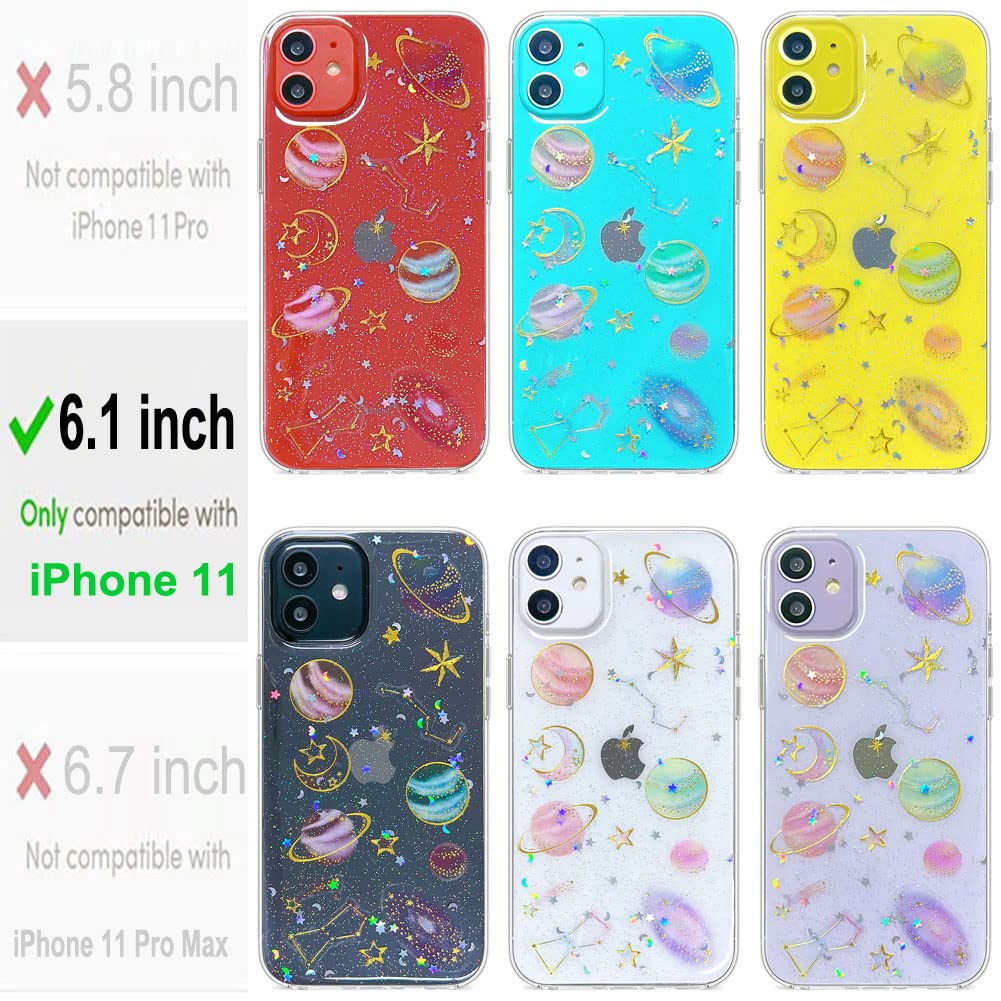 Abbery For Iphone 11 Case Space Theme Cute Glitter Sparkle Clear With Design Soft Silicone Tpu Flexible Rubber Universe Rainbow