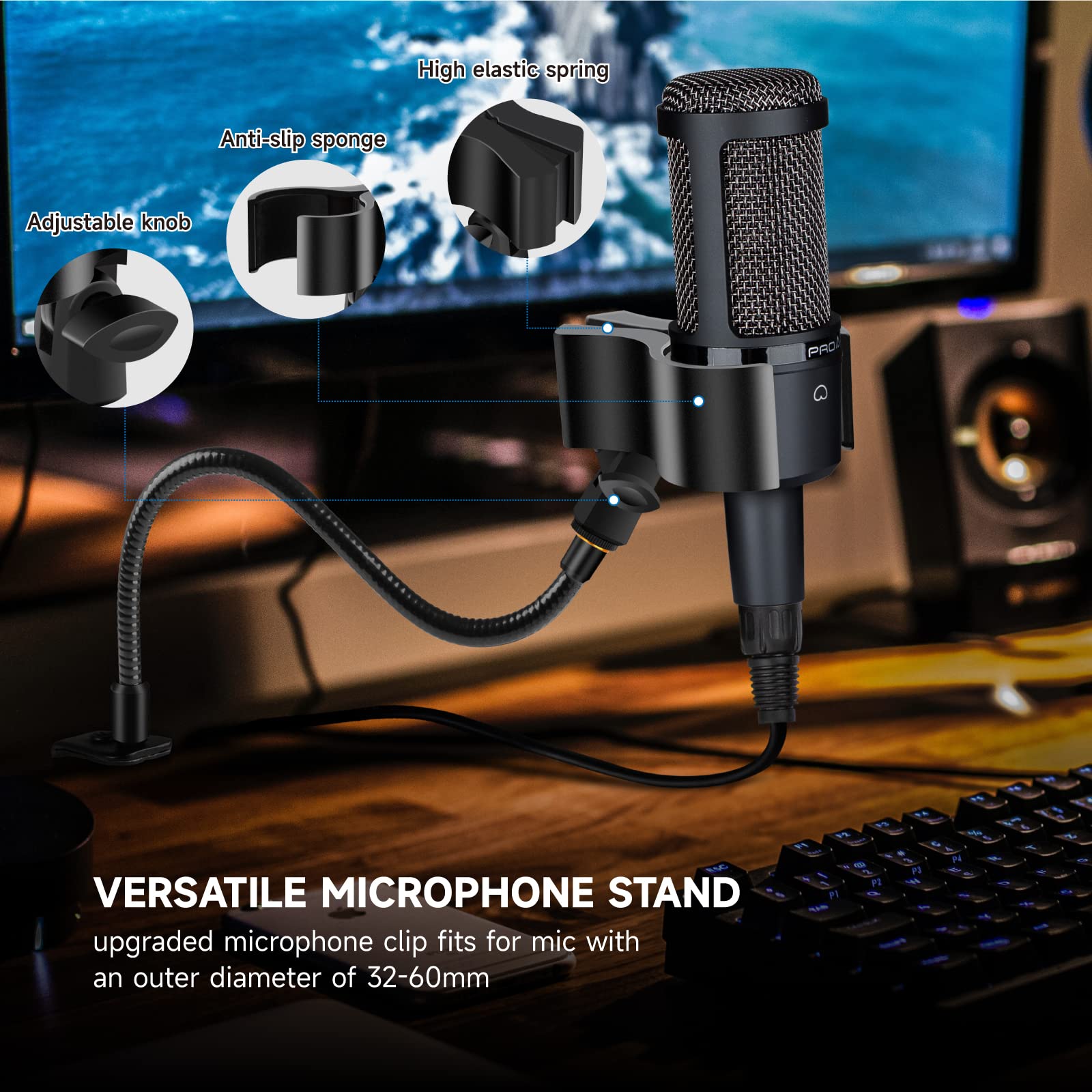 Microphone Stand 13 Flexible Gooseneck Desktop Mic Stand Multi-Function Mic Stand Phone Holder With Upgraded Mic Clip And Heavy