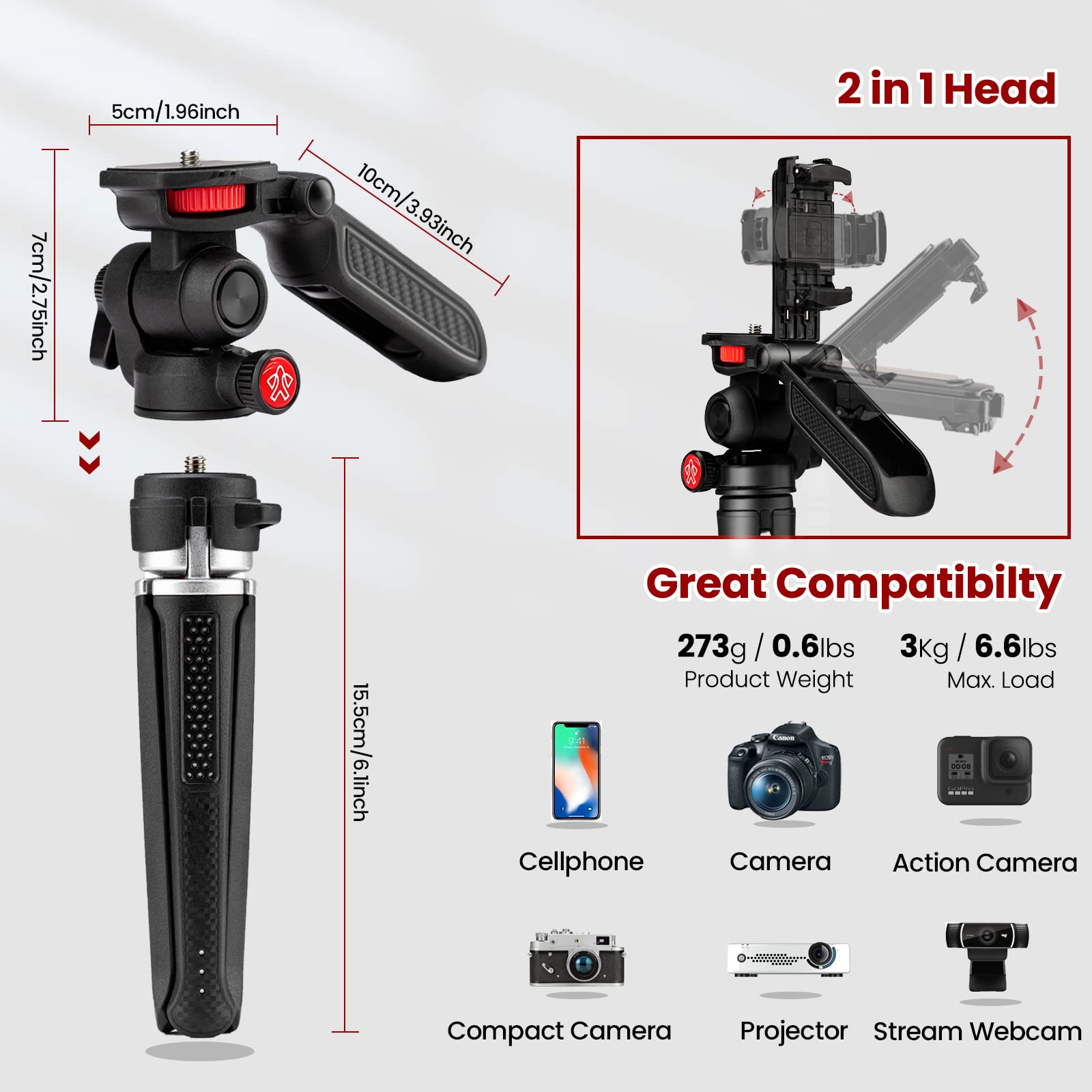 Goocong Mini Tripod For Camera, Small Camera Stand Tripod Phone Holder For Video Recording Vlogging Handle Grip With Cell Phone