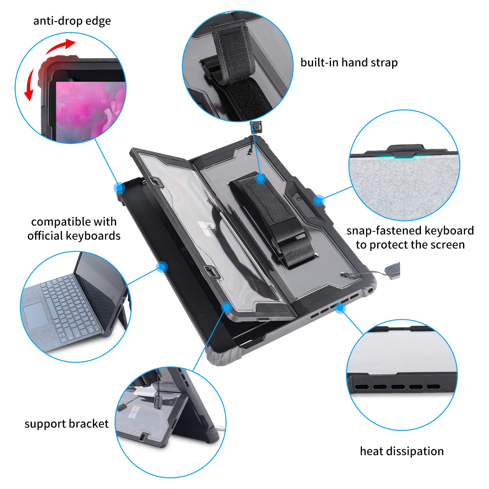 Aoao For Microsoft Surface Pro 7/6/5/4 Case With Shoulder Strap, Hand Strap, Stylus Pen Holder, Rugged, Shock Absorbing And Drop