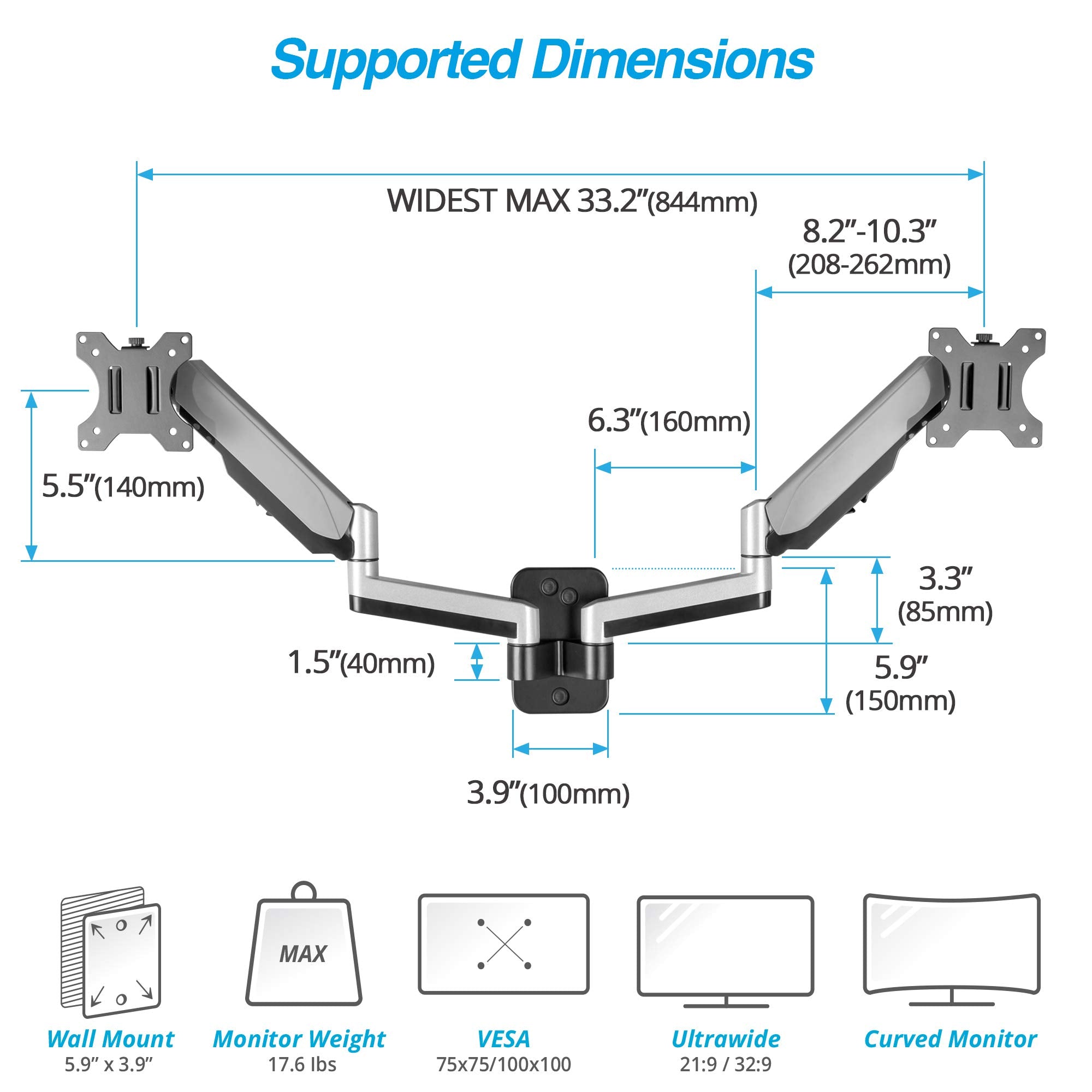 Avlt Dual Extended 13'' 32'' Monitor Wall Mount Fits Two Flat/Curved Computer Monitor Full Motion Height Swivel Tilt Rotation Ad