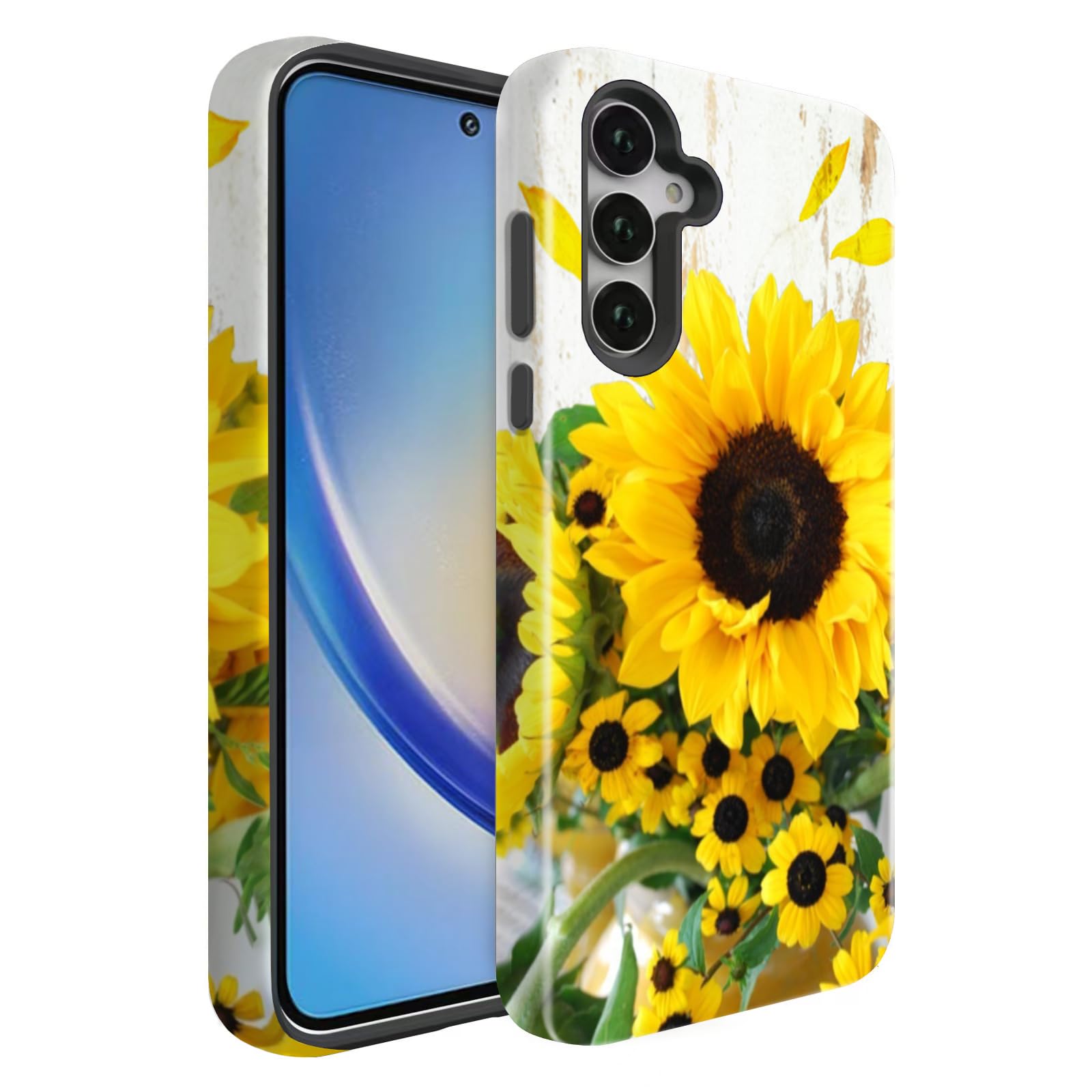 BSMOSPER Compatible for Samsung Galaxy A37 5G Case, Dual Layer Heavy Duty 2 in 1 Shockproof Protective Phone Case,Wood Grain Sun