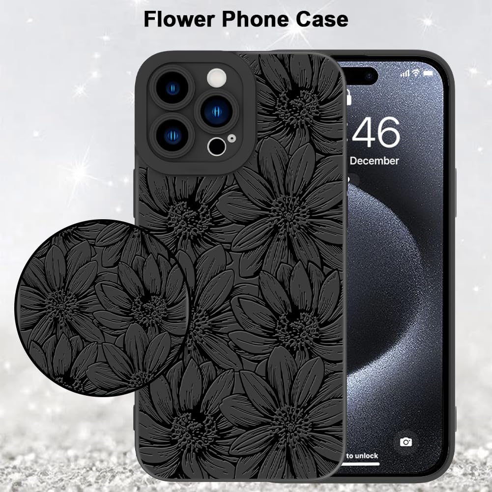 Mzelq For Iphone 15 Pro Max Case, Silicone Black Floral Flowers Sunflowers Cute Pattern, Camera Protection Soft Slim Phone Case