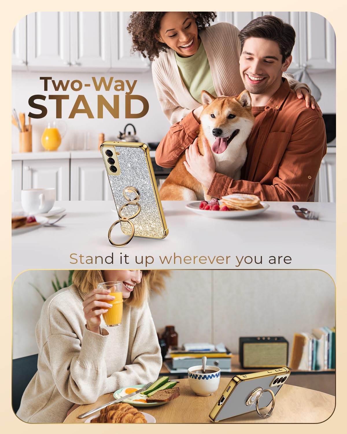 Xyz For Samsung Galaxy S21 Fe Case With Stand, Galaxy S21 Fe Case With Double Ring, Women Girls Bling Luxury Glitter Clear Phone