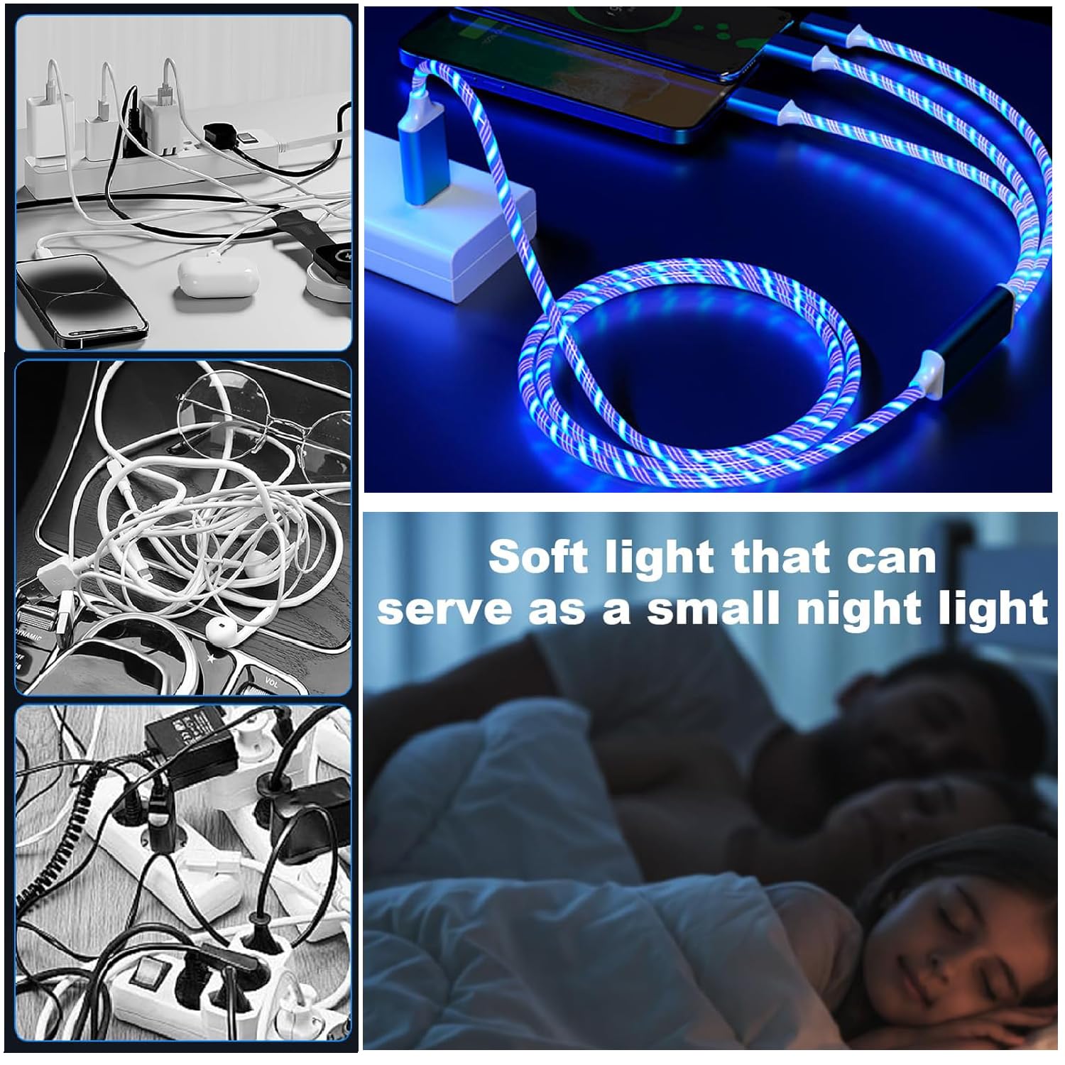 TISTIPPL 3-in-1 LED Light Up Charging Cable with Copper Core, Blue, 1.2m
