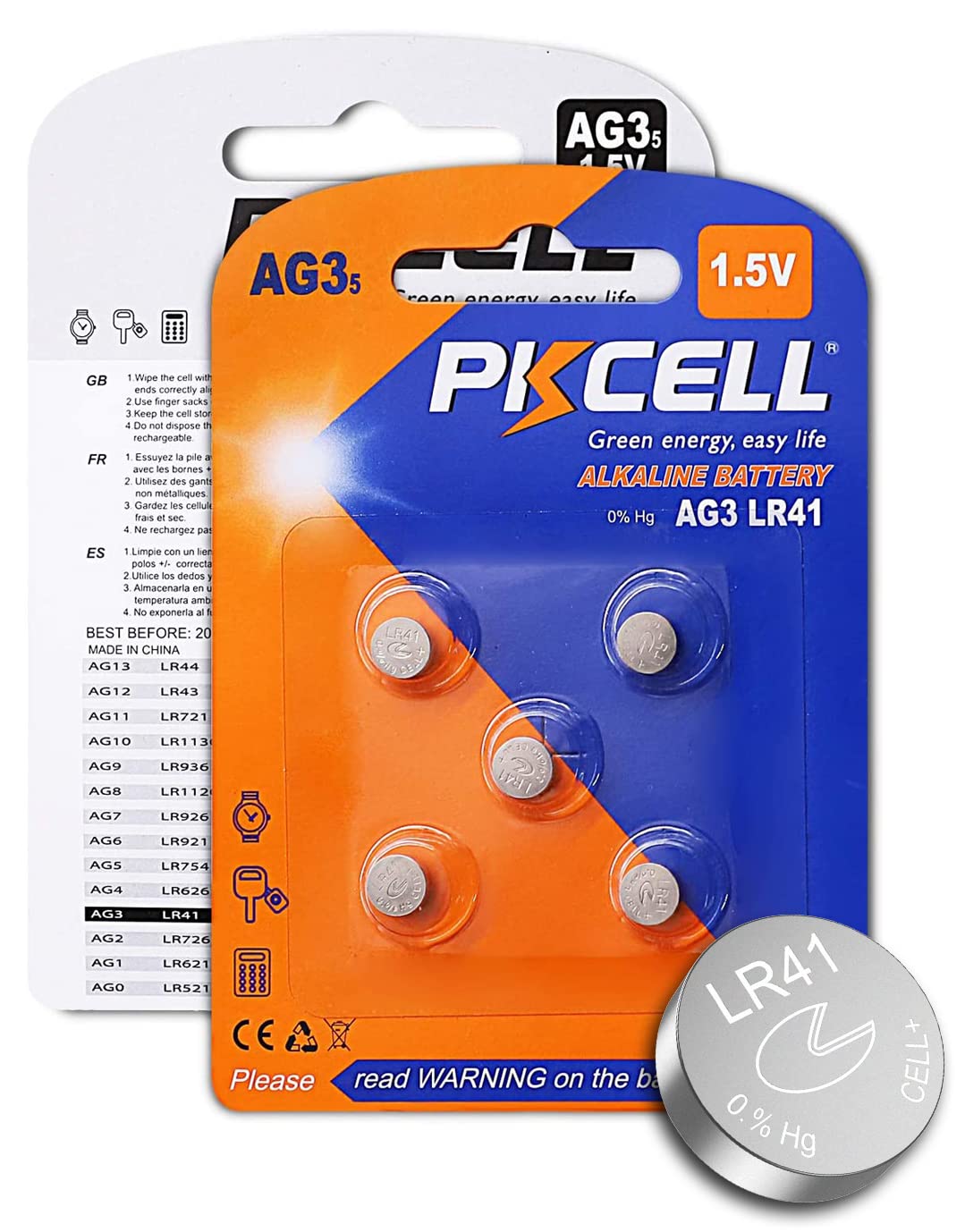Pkcell Ag3 1.5V Battery Lr41 392 384 192 Button Alkaline Cell For Digital Thermometer  5Count