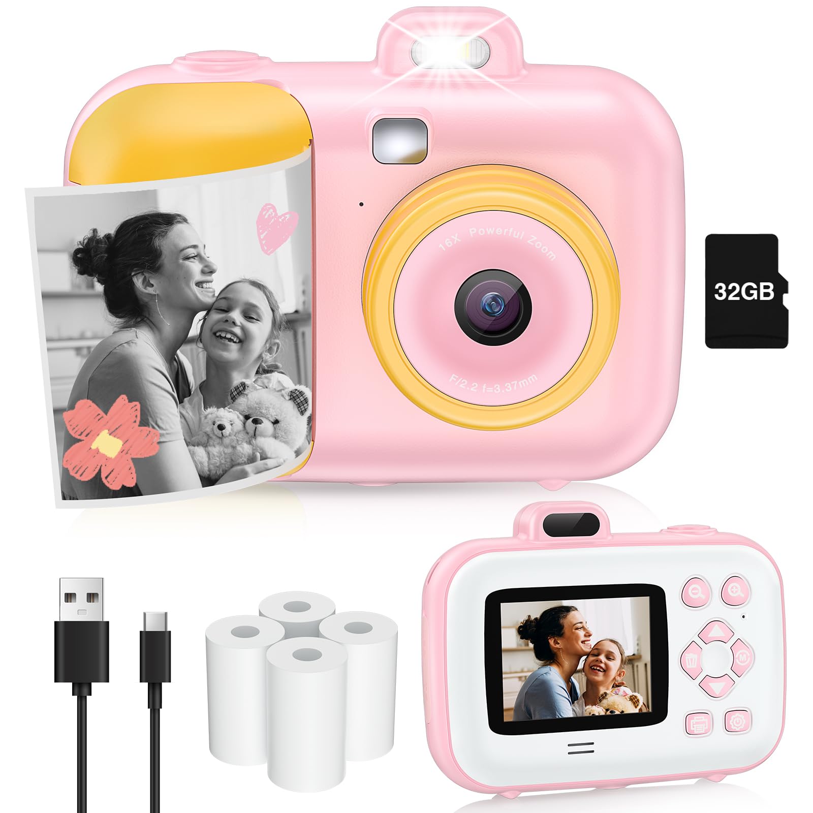 Instant Print Digital Camera, Kids Camera With 32Gb Card, Christmas Birthday Gifts For Kids Age 3 12, Fhd 1080P Video Camera For