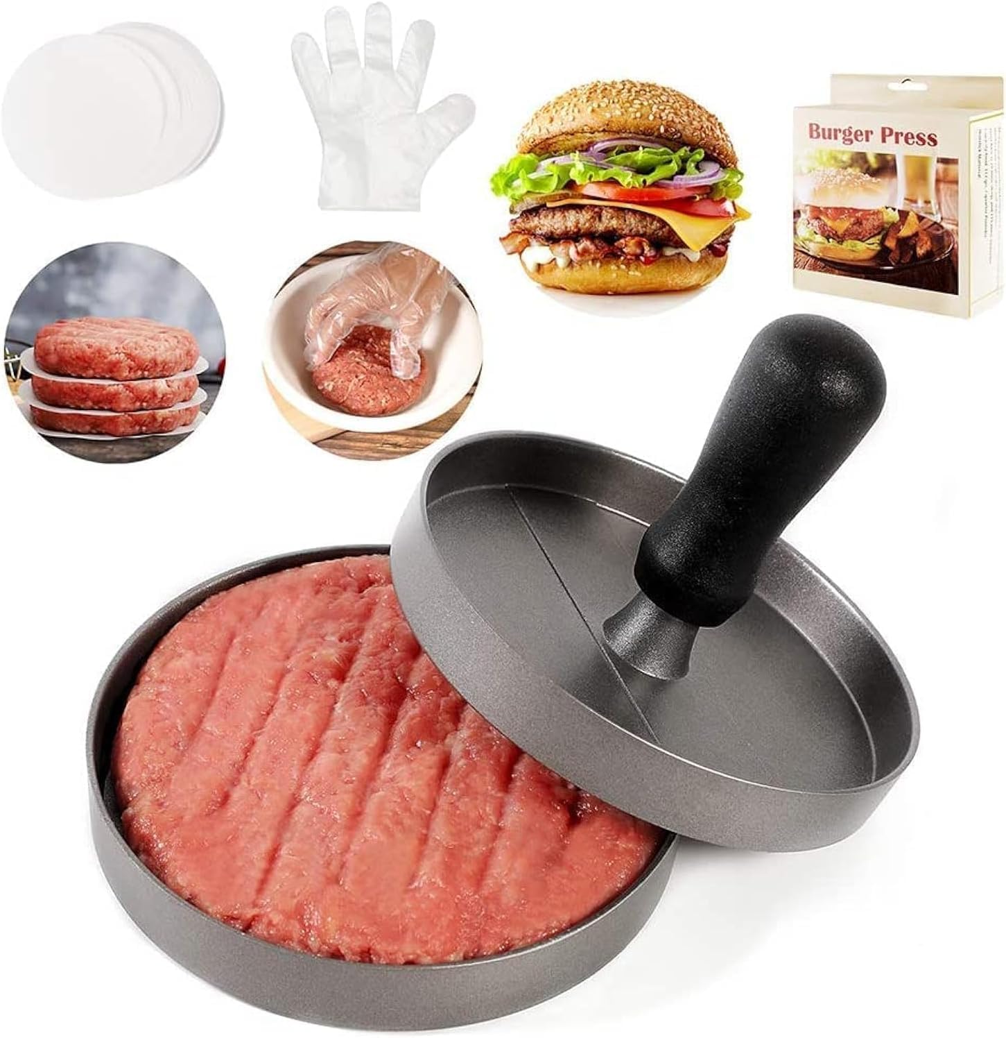 BUDOBEG Hamburger Press Patty Maker with 100 Patty Papers, 20 PCS Plastic Gloves, 1 PCS Small Scraper Aluminum Non-Stick Burger 
