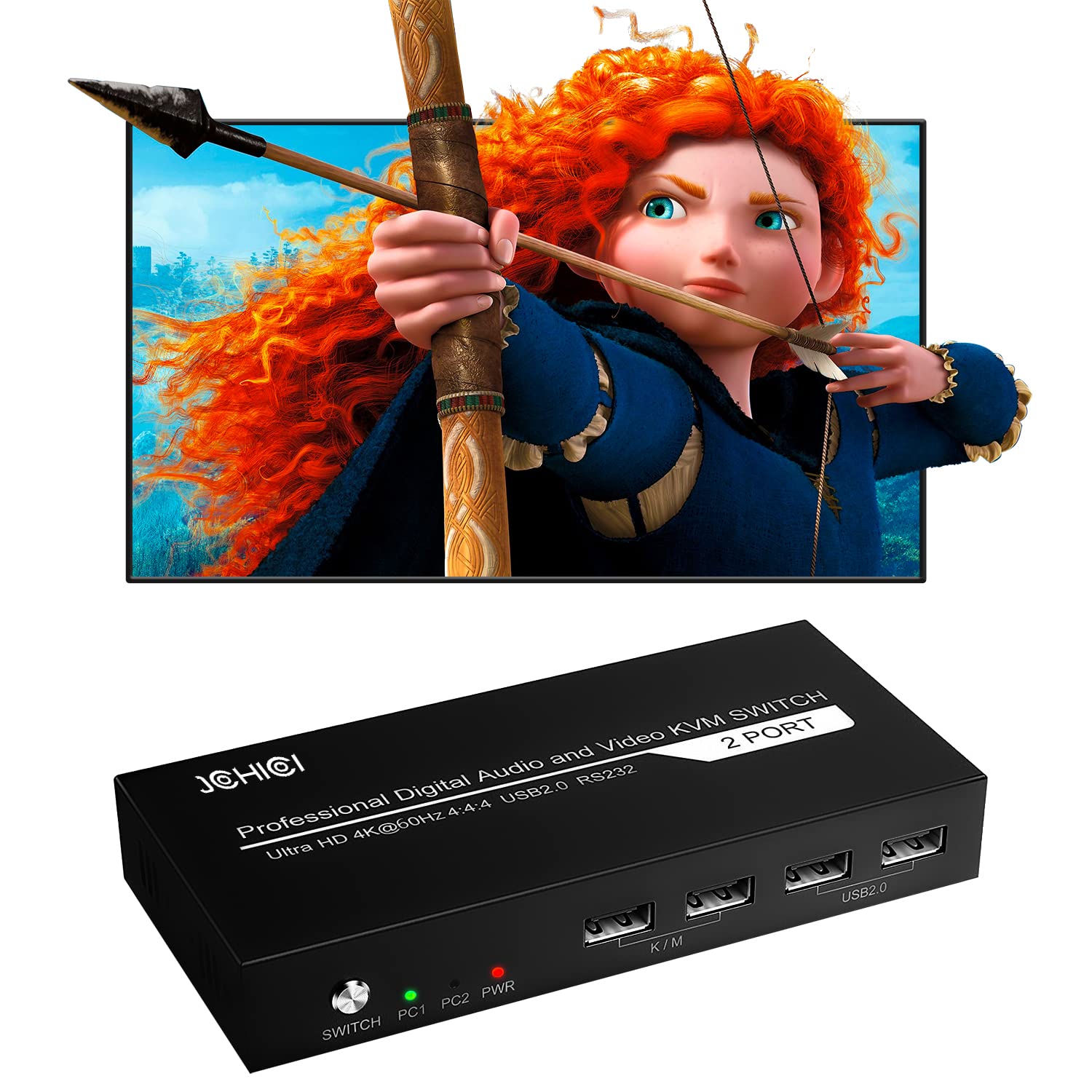 KVM Switch HDMI 2 Port, JCHICI 4K@60Hz USB KVM Switcher for 2 Computers Share 1 HD Monitor and a Set of Keyboard Mouse Printer U