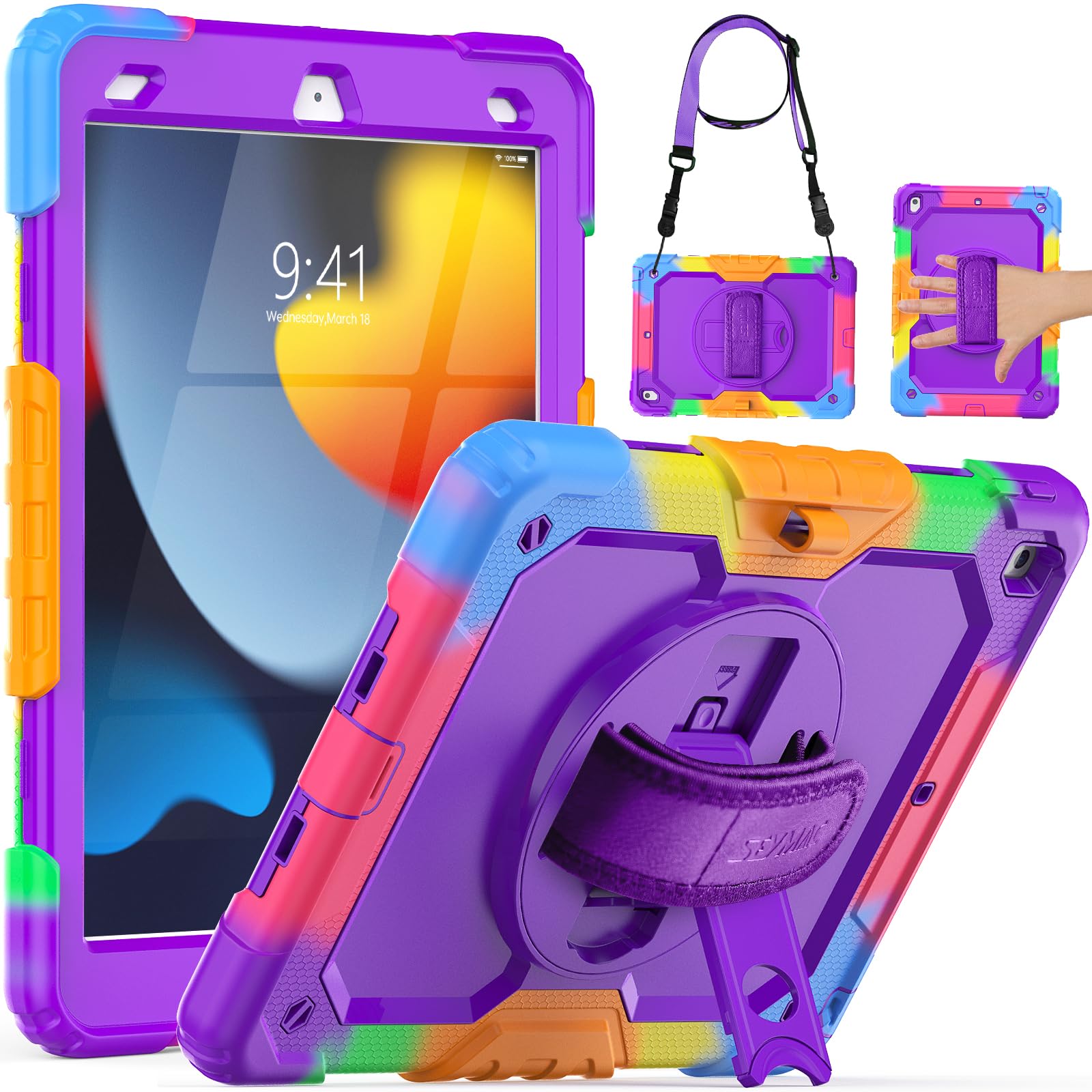 Seymac Kids Case For Ipad 9Th/8Th/7Th Generation 10.2 Inch With Screen Protector, Rotatable Hand Strap/Stand, Shoulder Strap, Shockproof Heavy Duty Protective Case For Ipad 10.2, Colorful Purple