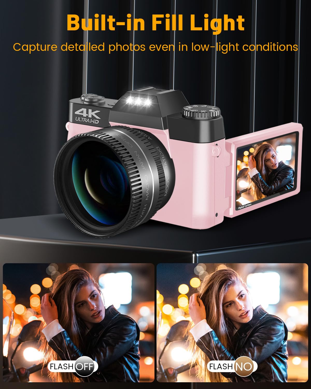 Vjianger 4K Vlogging Camera For Youtube 48Mp Digital Camera For Photography And Video With Flip Screen, Manualfocus, 16X Digital Zoom, 52Mm Wide Angle & Macrolens, 32Gb Tf Card, 2 Batteries(Pink)