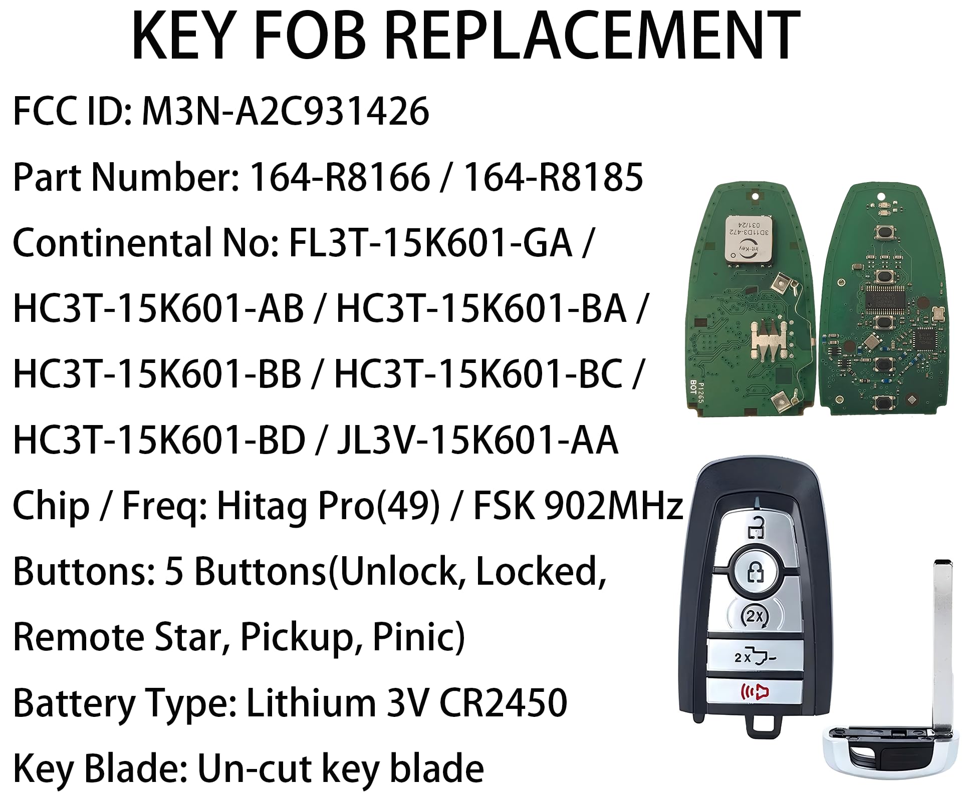 Smart Key For Ford F-Series 2018-2022, Alliskeys Proximity Remote Control Key Fob Replacement For Ford F-Series 2018-2022 M3N-A2