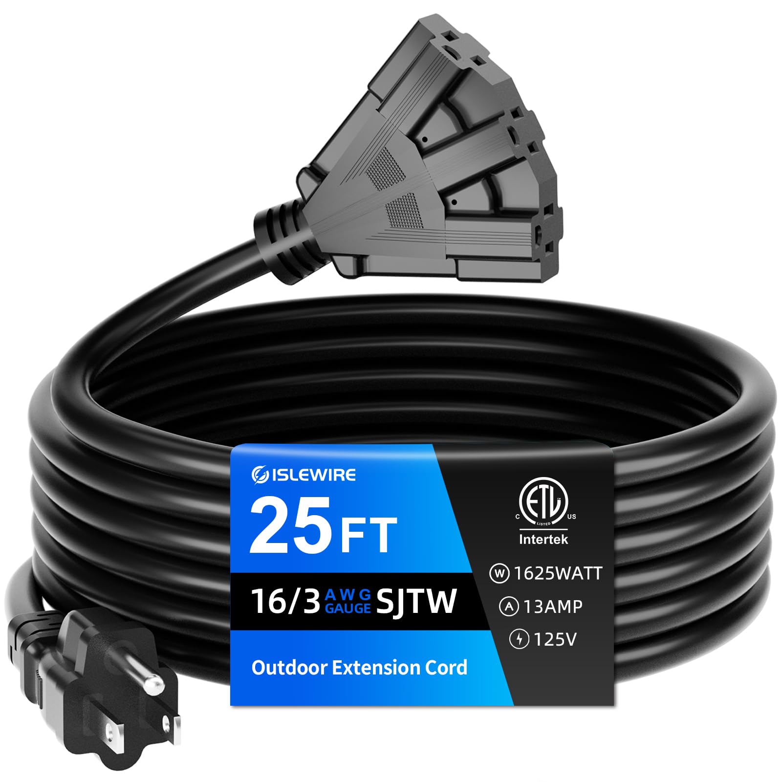 Islewire 25 Ft 3 Outlet Outdoor Extension Cord Waterproof, 16/3 Sjtw Black Extension Cord With Multiple Outlets, Heavy Duty 16 G