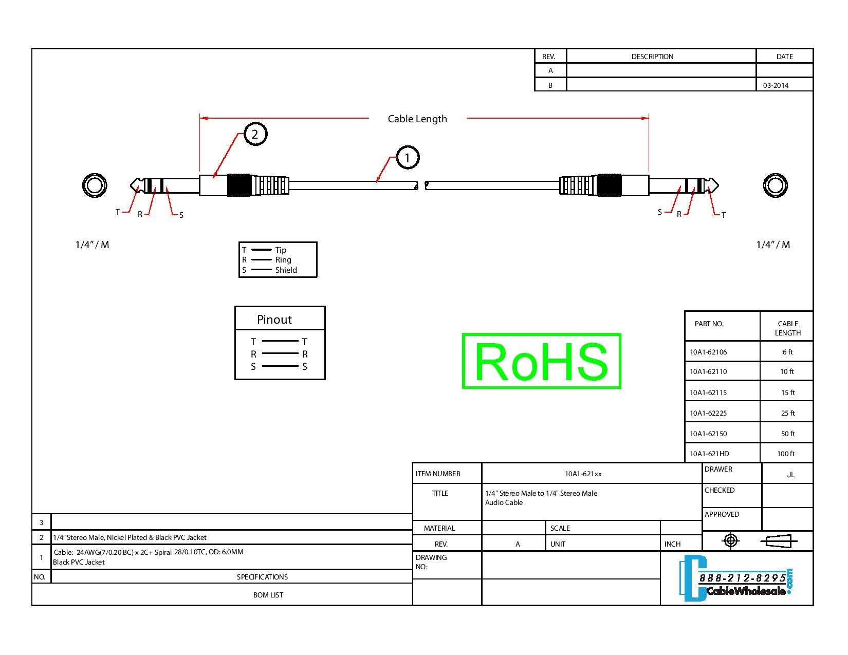 Cablewholesale 1/4 Inch Stereo Audio Patch Cable, 1/4 Male To Male Nickel Plated Connectors, 24Awg, 100 Feet, Black