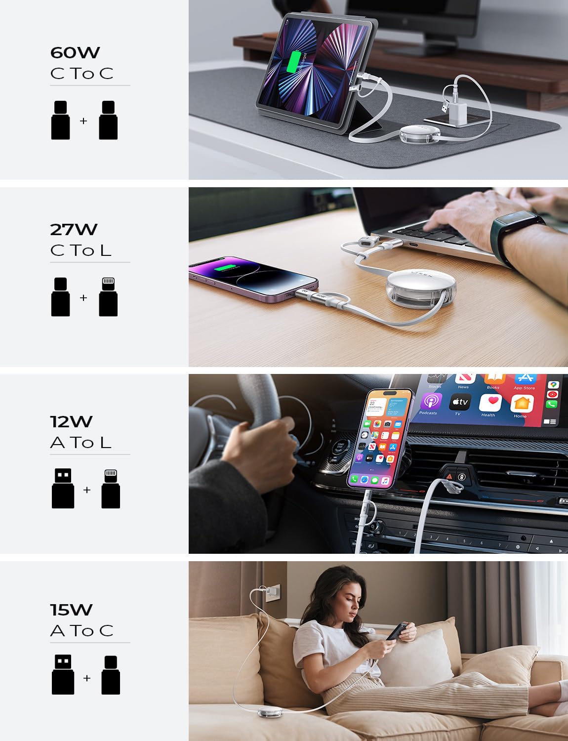 Lisen 5 In 1 Fast Charging Retractable Cable For Iphone, Ipad, Samsung   60W Charger With Usb C/A Ports For Phones, Tablets
