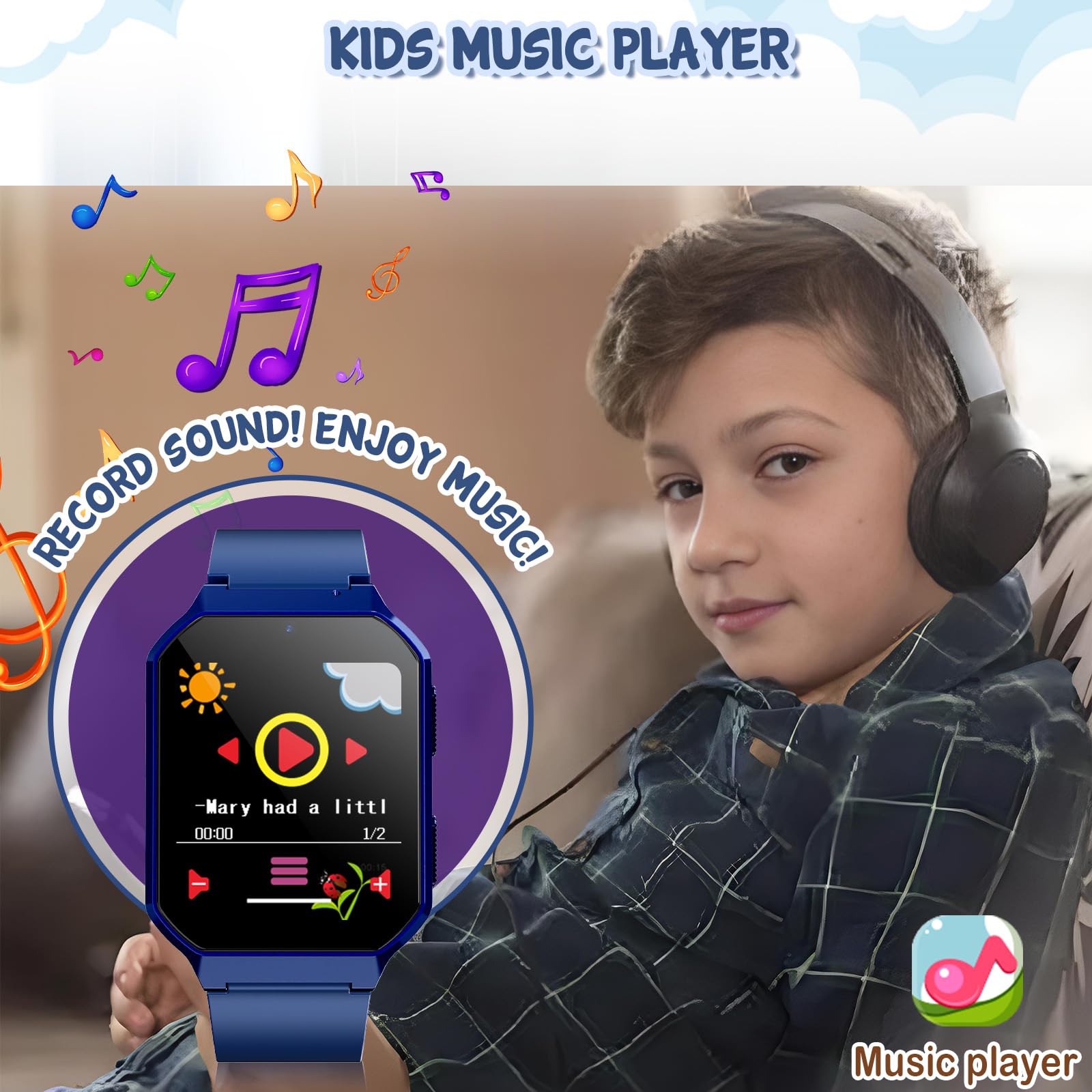 Derui Smart Watch For Kids 3 12 Years Boys Girls, 26 Puzzle Games, Smartwatch With Camera, Pedometer, Stopwatch, Video Voice Music Player Calendar Alarm Clock Learn Card For Children Gifts (Blue)