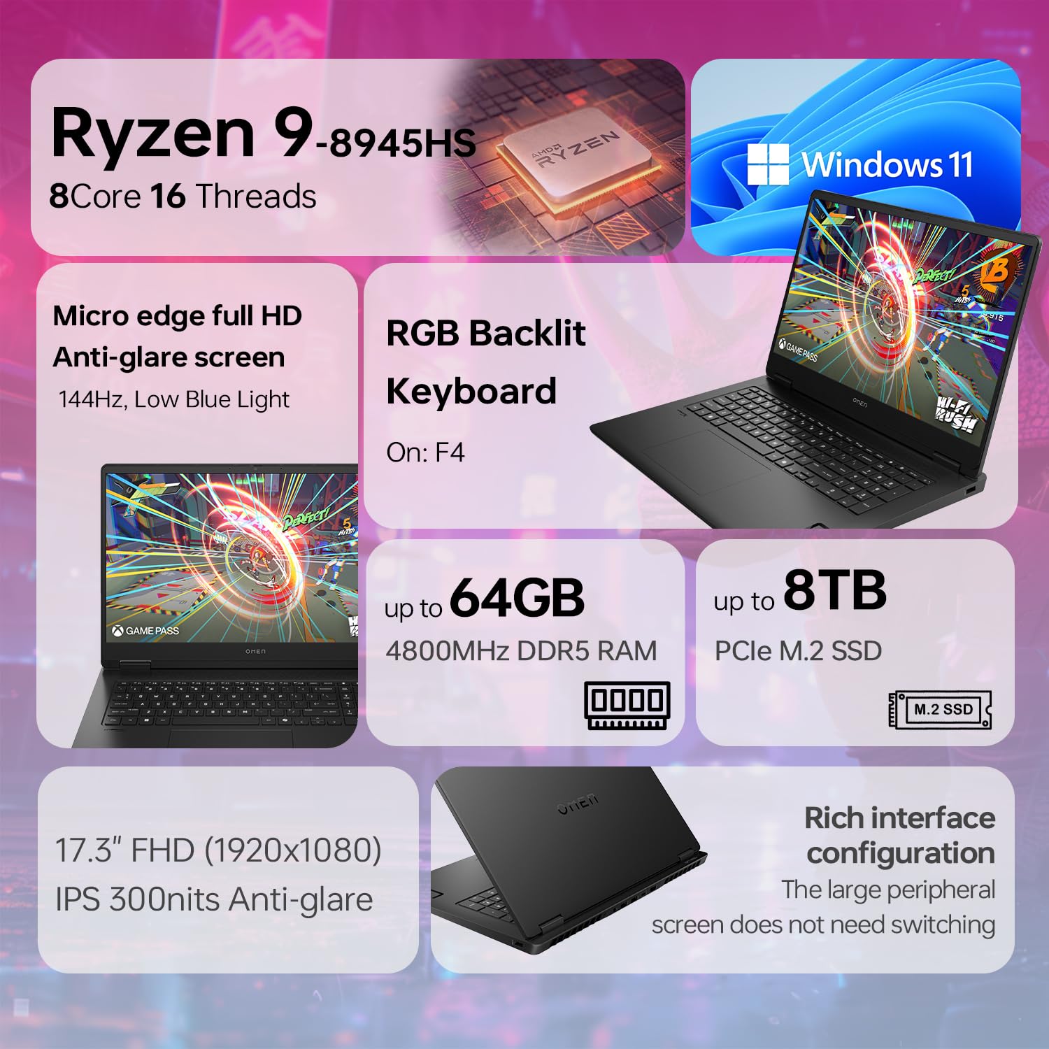 Hp Omen 17.3 144Hz Fhd Amd Ryzen 9 8945Hs Nvidia Geforce Rtx 4060 Ai Gaming Laptop, 64Gb Ddr5 Ram, 1Tb Ssd, Low Blue Light, Rgb
