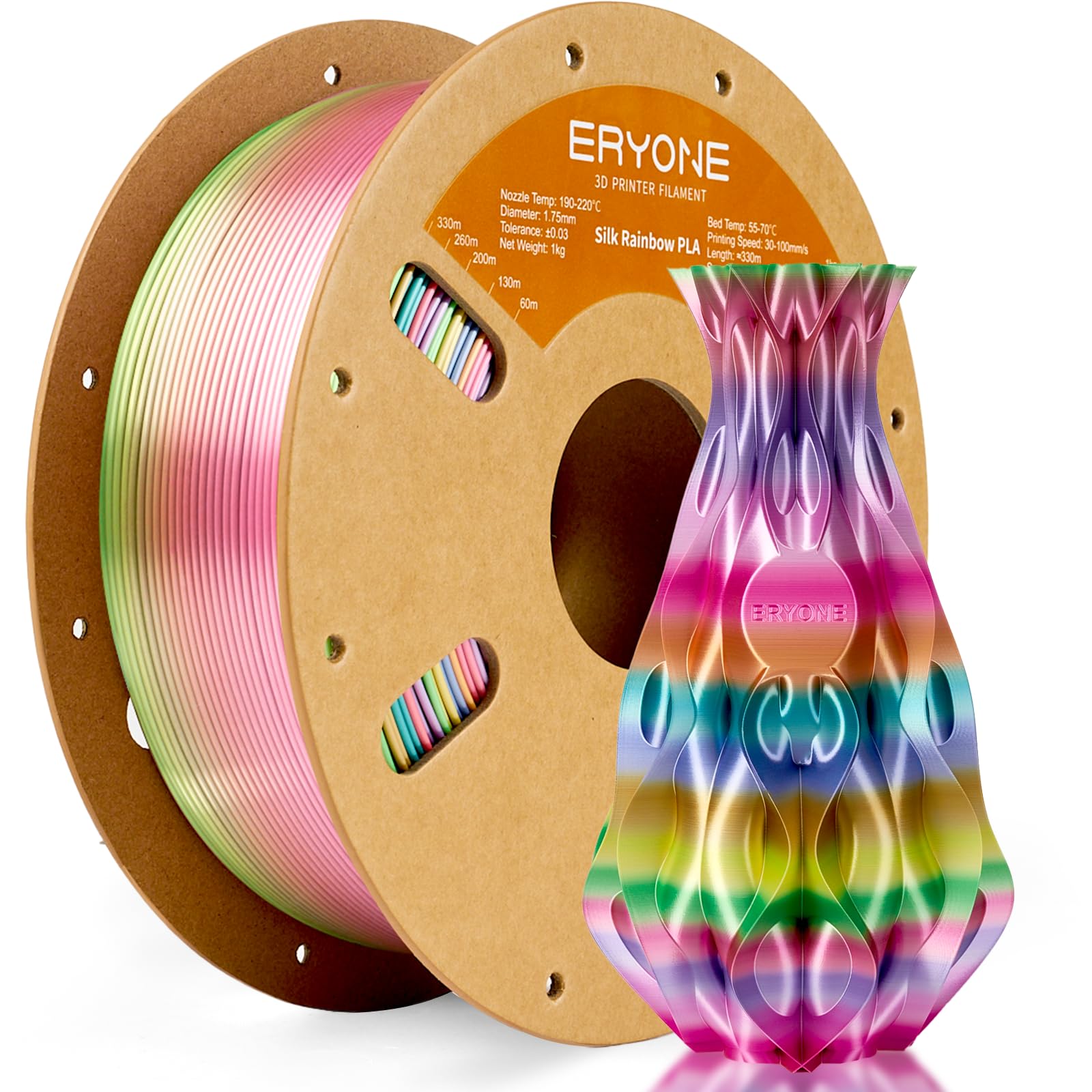 ERYONE Silk Rainbow 3D Printer PLA Filament 1.75 +/- 0.03mm, Shiny Multicolor Filament PLA Fast Color Change 1KG(2.2LBS), Metal 