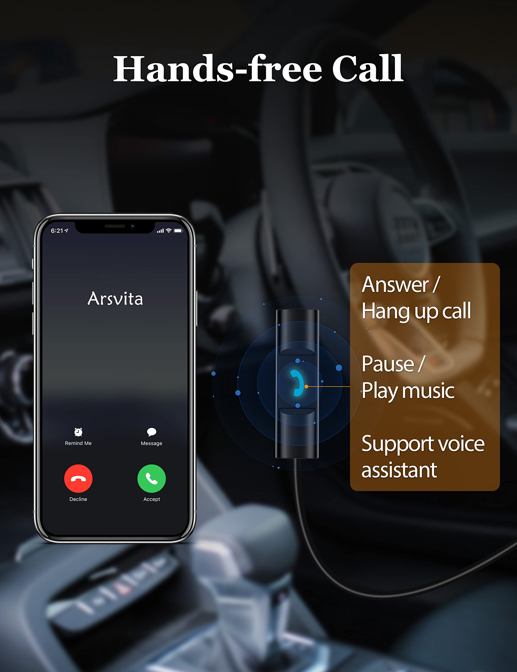 arsvita Bluetooth 5.0 Cassette to Aux Adapter for Car, Hands-Free Call, Small, Charcoal Black