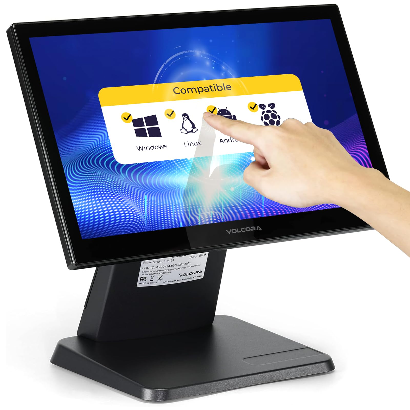 Volcora 15.6 Black LED Touch Screen Monitor with Metal Stand - Backlit 1366 * 768 with VGA HDMI Connection for Small Business, R