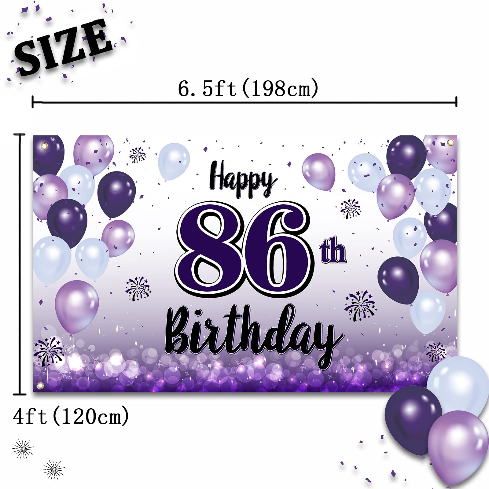 Laskyer Happy 86Th Birthday Decorations,86Th Purple Balloon Large Birthday Banner Backdrop Sign,86 Years Old Bday Party Supplies