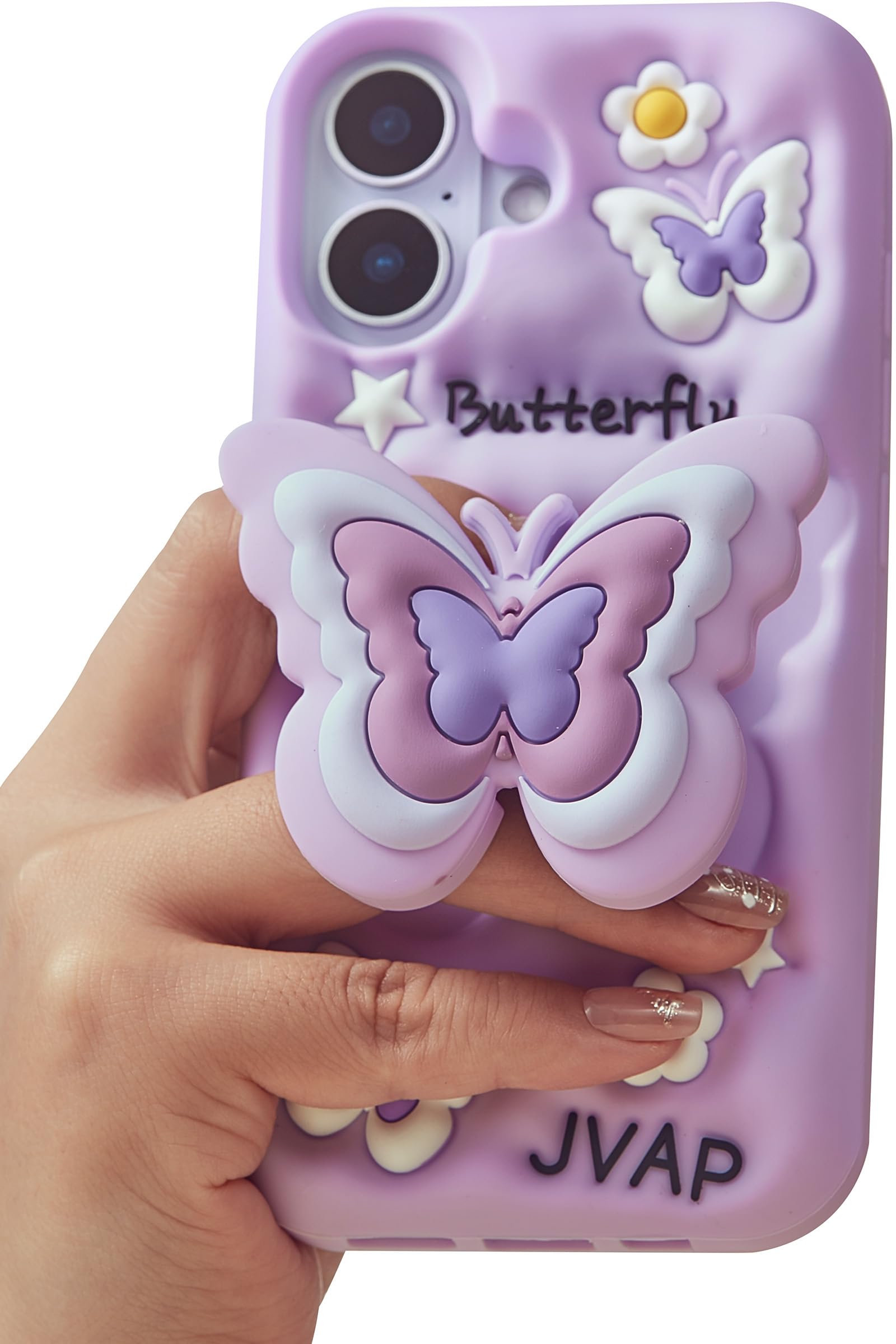 TUFTA Kawaii 3D Butterfly Phone Case for iPhone 16 (with Retractable Phone Stand & Grip) Cute Girly Cartoon Soft Silicone Phone 