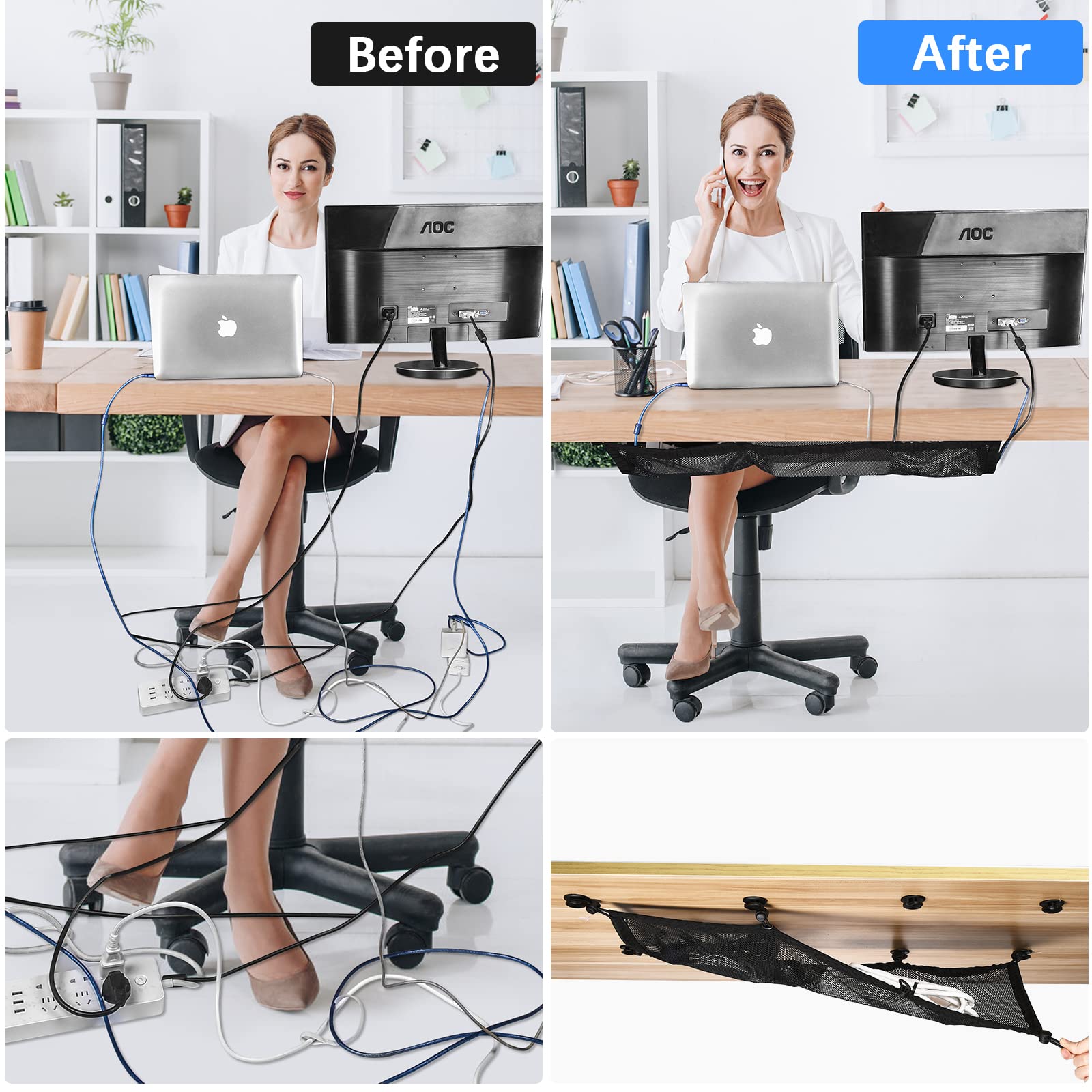 Cable Management Net Under Desk Kit, Zzm Privacy Mesh Cable Manager Flexible Under Desk Wire Net Large Capacity Cord Organizer N