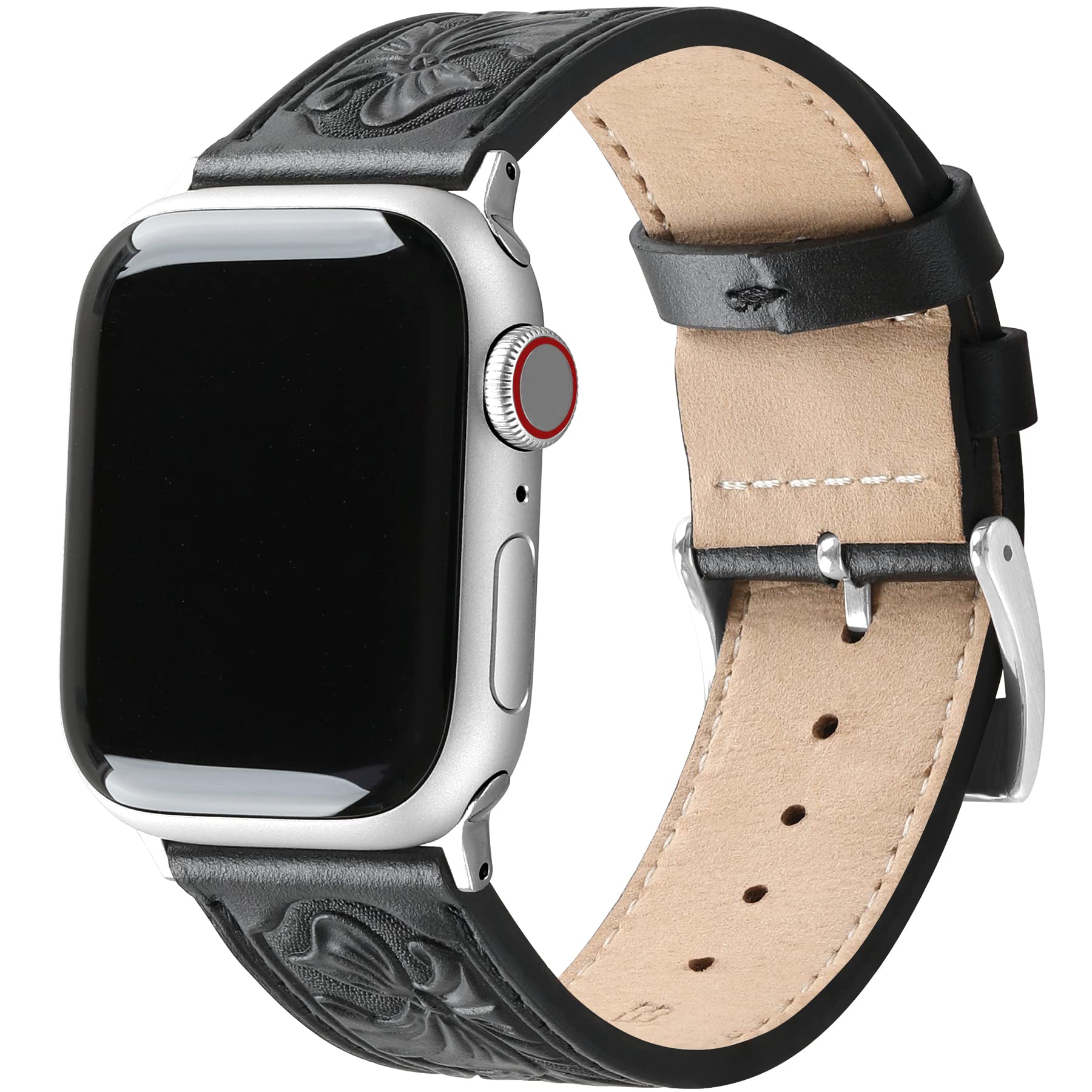 Falandi For Apple Watch Band Leather Black 46Mm 45Mm 44Mm, Western Retro Leather Classical Replacement Smart Watch Band For Iwat