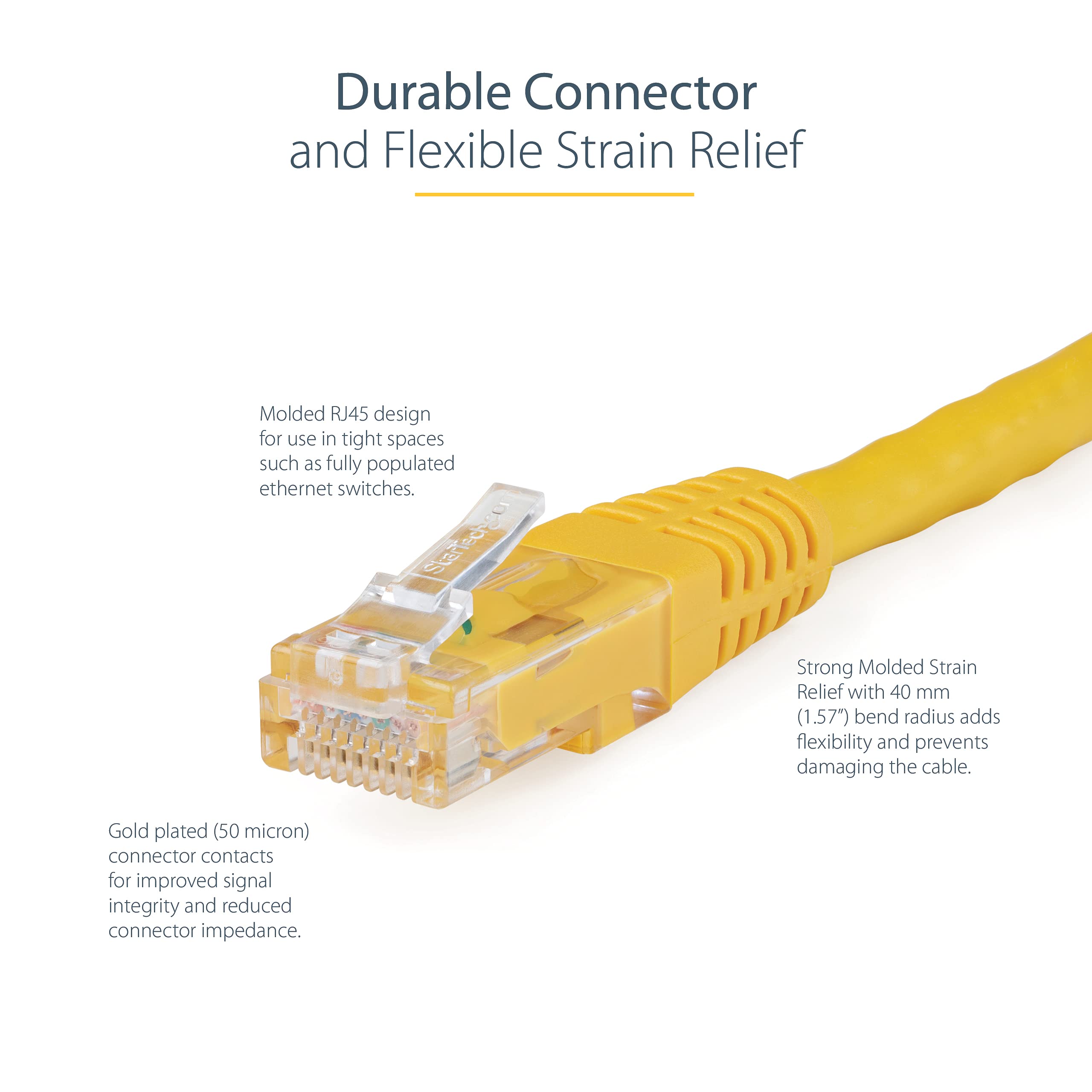 StarTech.com 15ft CAT6 Ethernet Cable   Yellow CAT 6 Gigabit Ethernet Wire  650MHz 100W PoE++ RJ45 UTP Molded Category 6 Network/Patch Cord w/Strain Relief/Fluke Tested UL/TIA Certified (C6PATCH15YL)