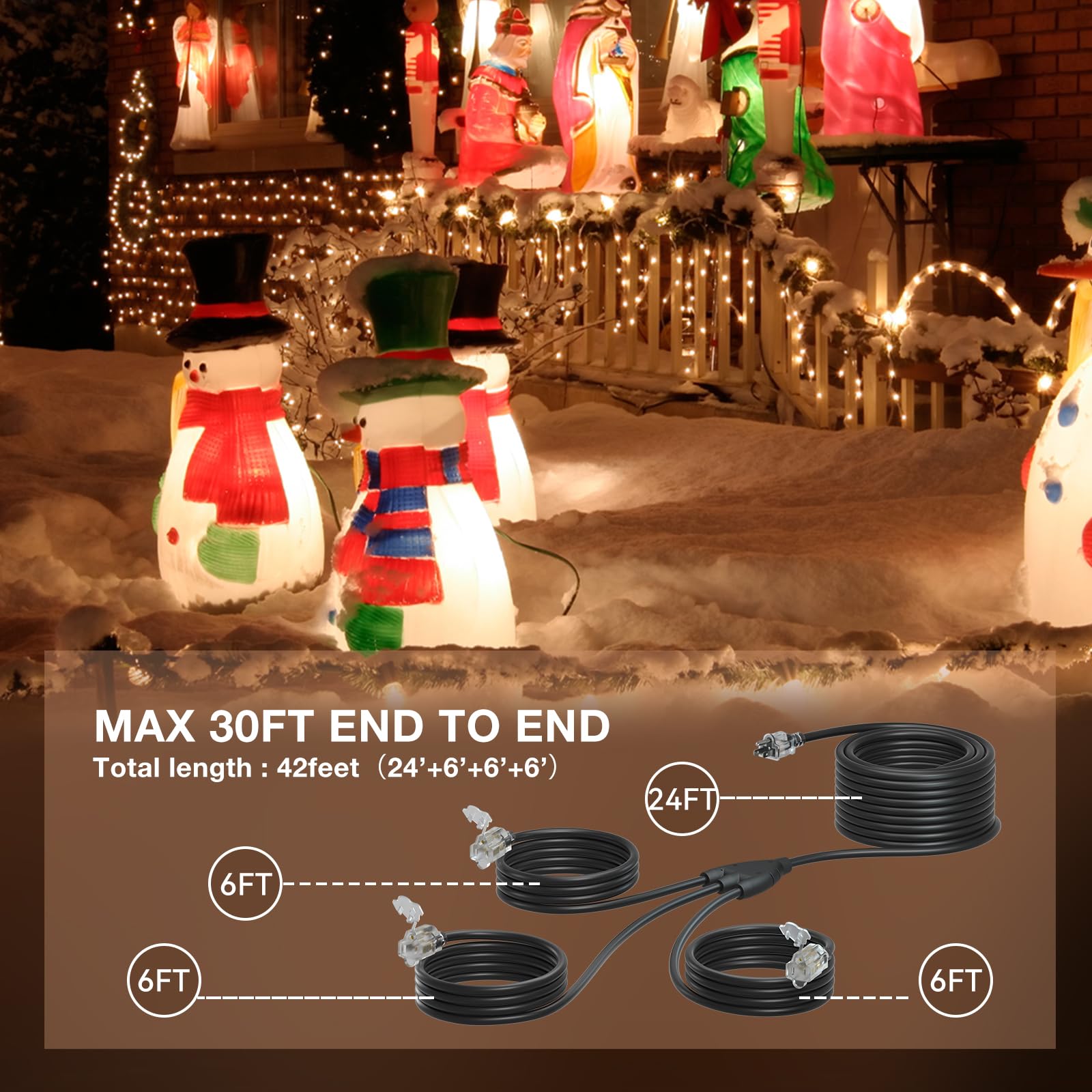 Addlon 42Ft Outdoor Extension Cord With Multiple Outlets, 1 To 3 Splitter Total 42Ft(Max Length 30Ft From End To End), 16/3 Sjtw