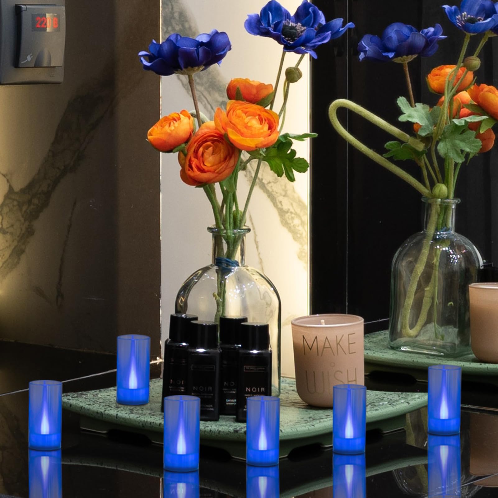 Lanker Flameless Candles, Battery Operated Led Pillar Candles, D1.5 X H3 Inch, Romantic Flickering Blue Long Flame Effect Light,