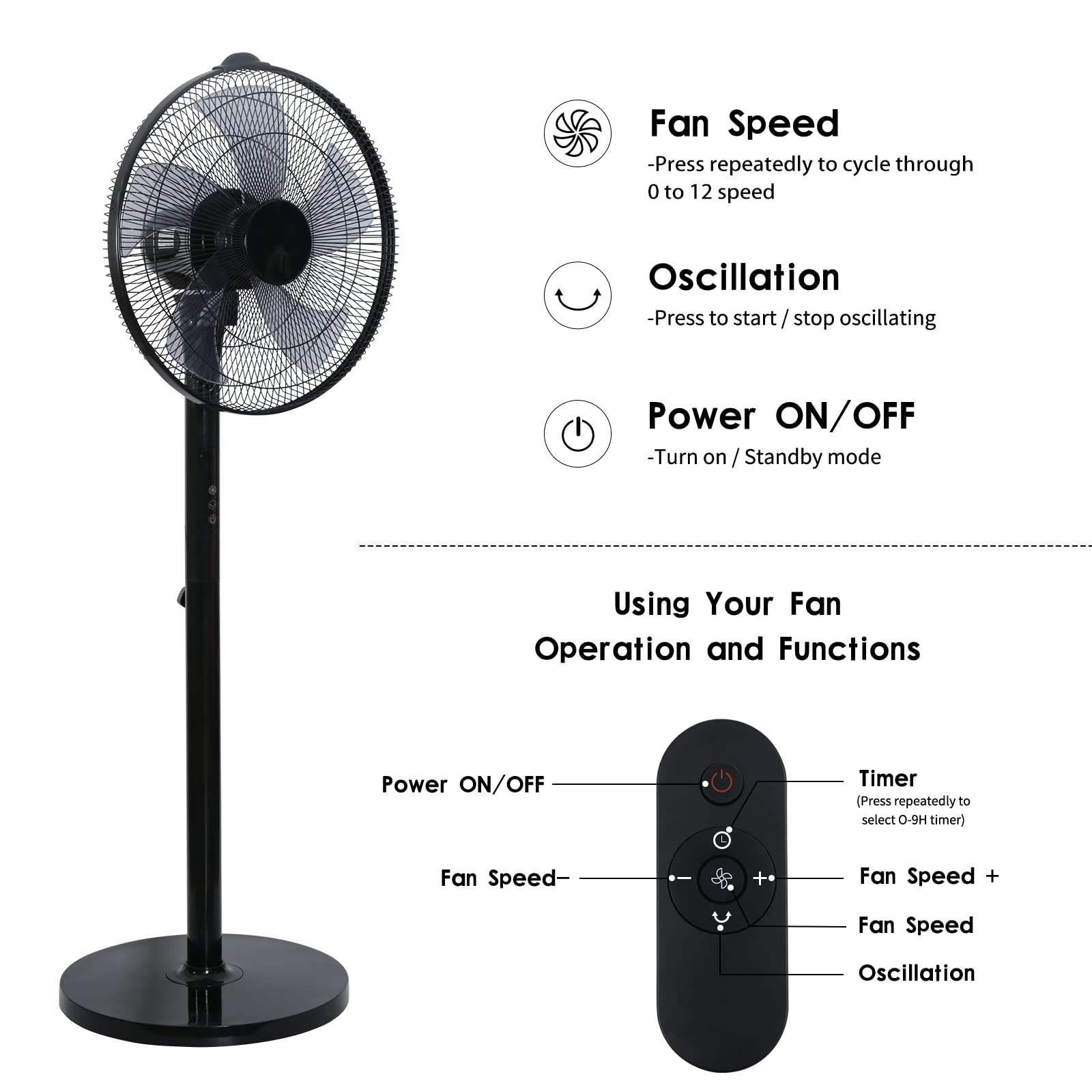 Simple Deluxe 16 Inches Stand Fan With Pedestal Base, Height Adjustable Pedestal Fan With Remote Control, Free Standing Fan With
