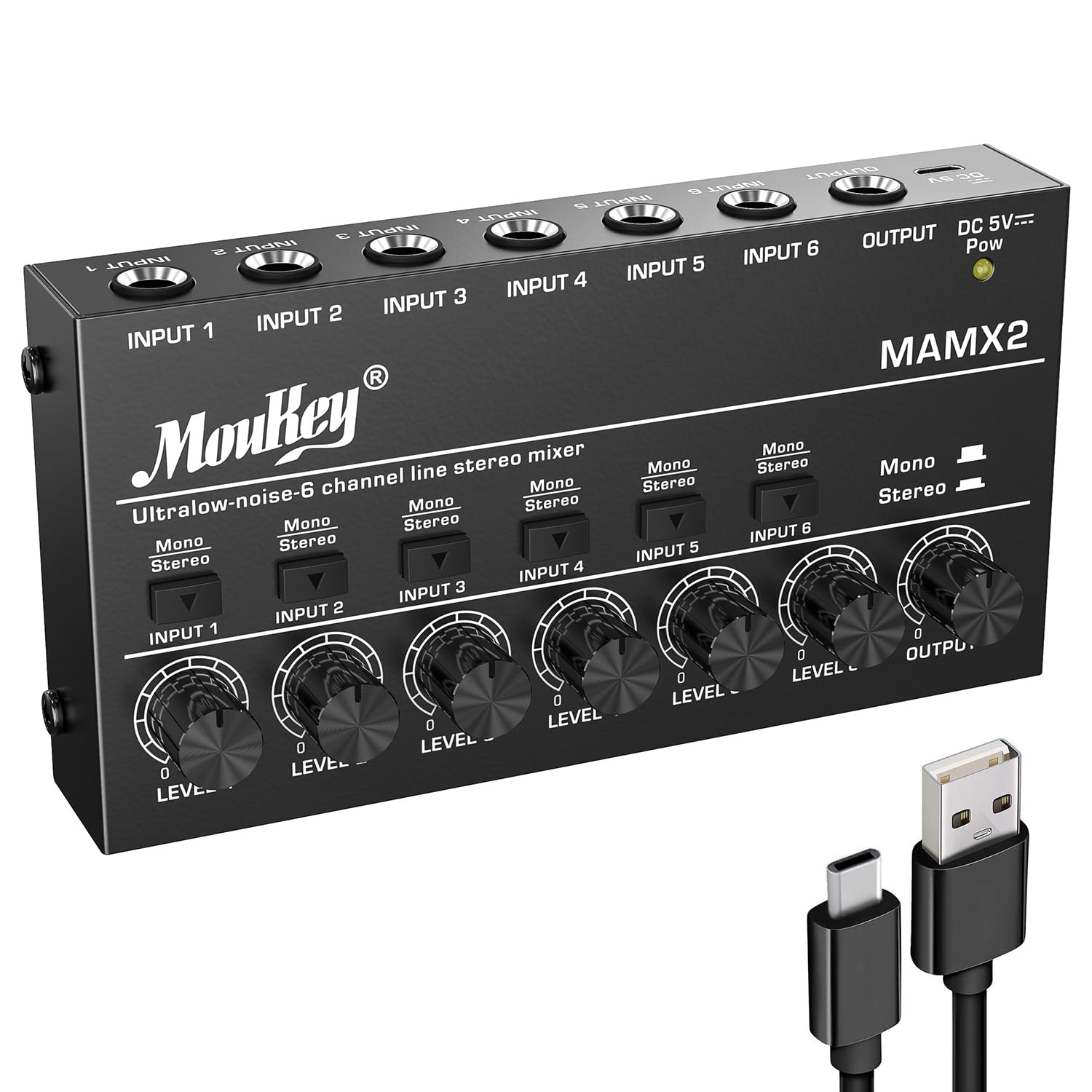 Moukey Audio Mixer Line Mixer, Dc 5V, 6 Stereo Ultra, Low Noise 6 Channel For Sub Mixing, Ideal For Small Clubs Or Bars, As Guitars, Bass, Keyboards Mixer, 2021 New Version Mamx2